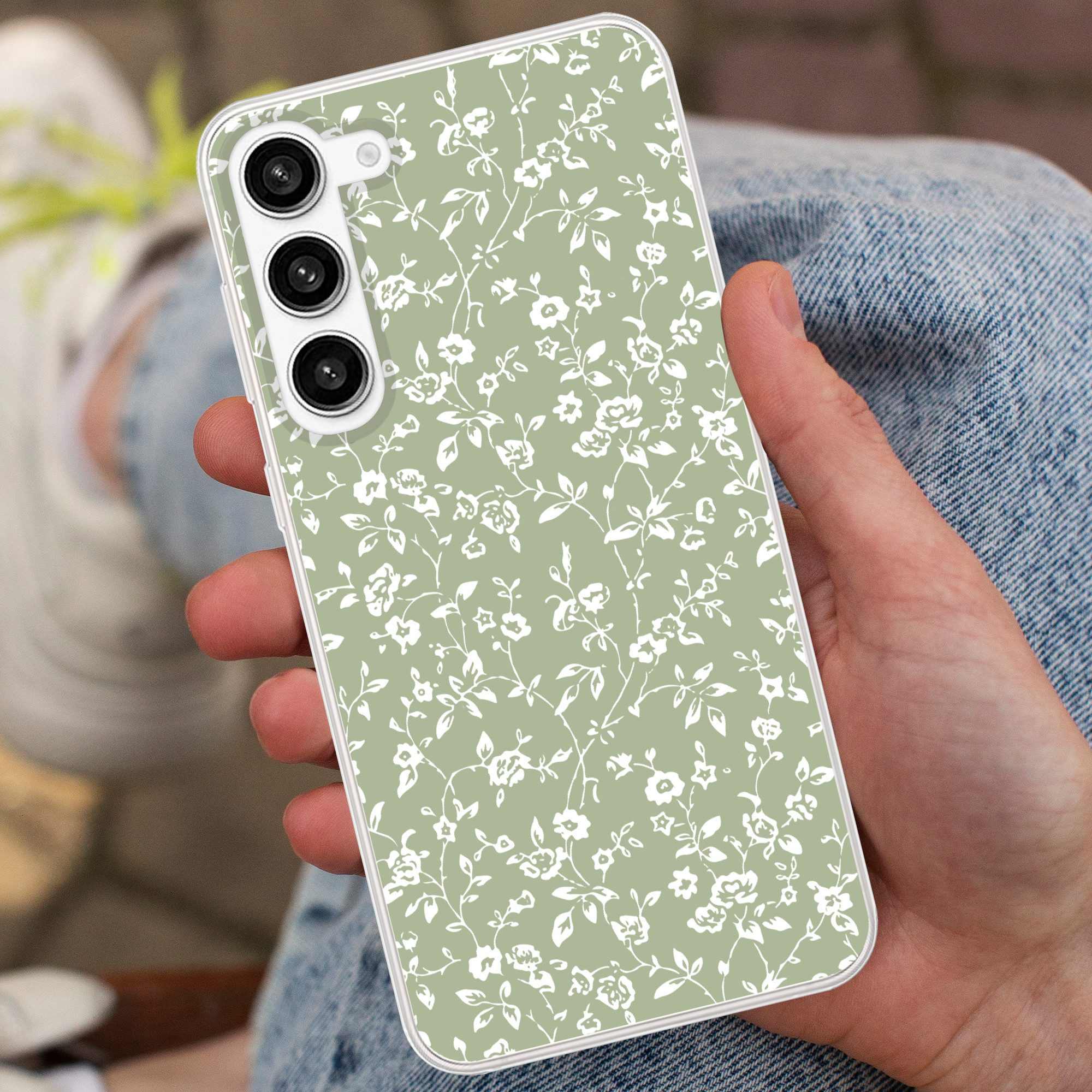 MuchoWow Handyhülle für Samsung Galaxy S23 Plus Blumen - Druck - Grün - Weiß, Phone Case, Silikon, Schutzhülle Dünn