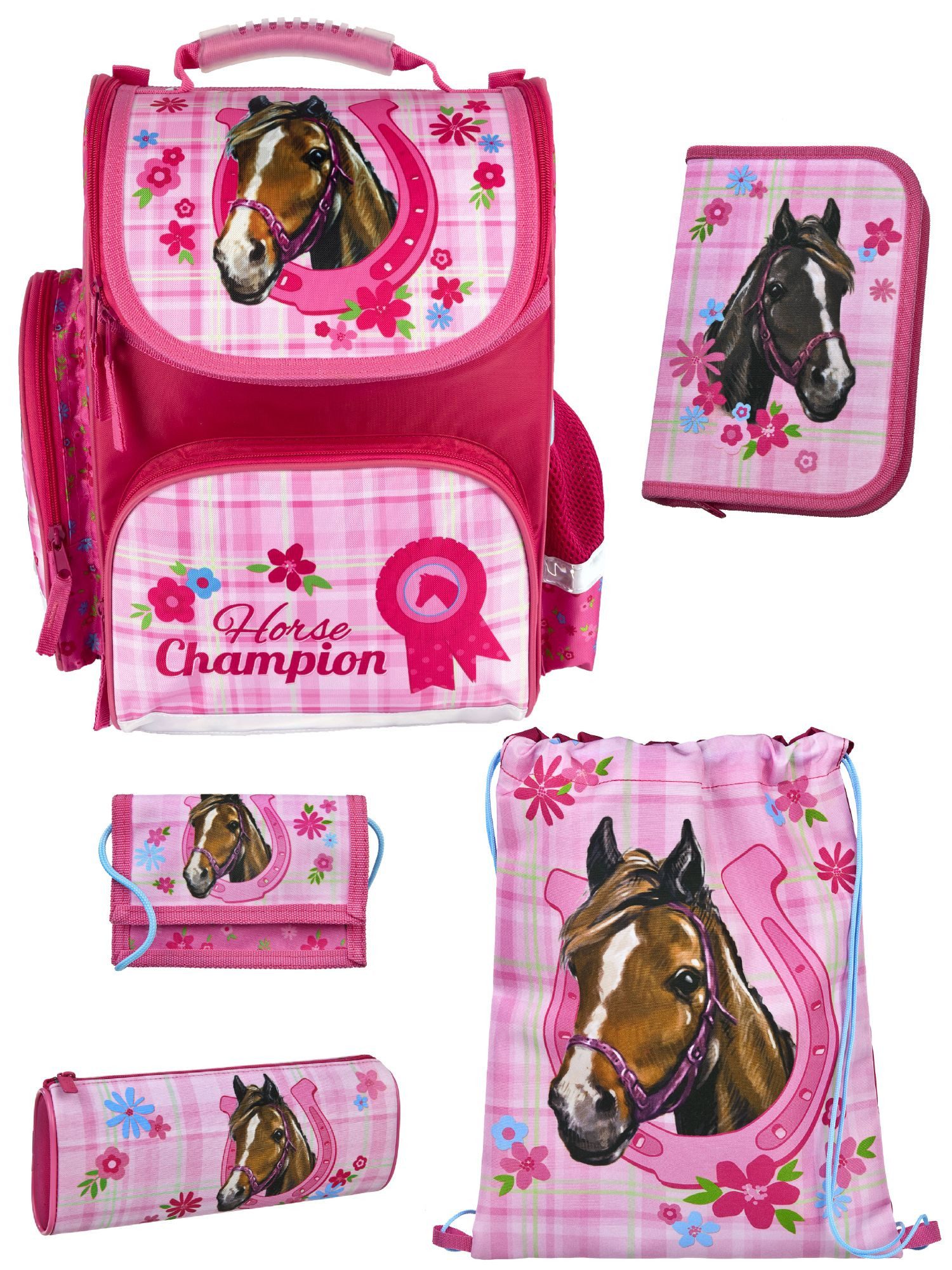 Familando Schulranzen Clou Pferde Champion Schultasche, rosa, ab 1. Klasse (Grund-Set, 5-tlg., mit Federmappe, Schlamper, Turn- und Geldbeutel), kompakt, mit 2-Wege Reißverschluss