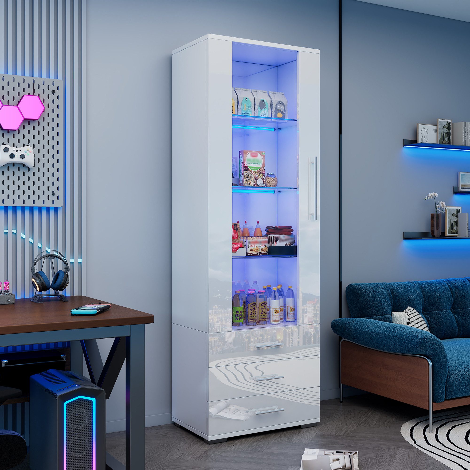 Merax Glasvitrine hochglanz Vitrine mit LED-Beleuchtung (1-St) Standvitrine mit 3 Schubladen, Acryltür & Glaseinlegeböden,60x35x180cm – Bild 4 von 5