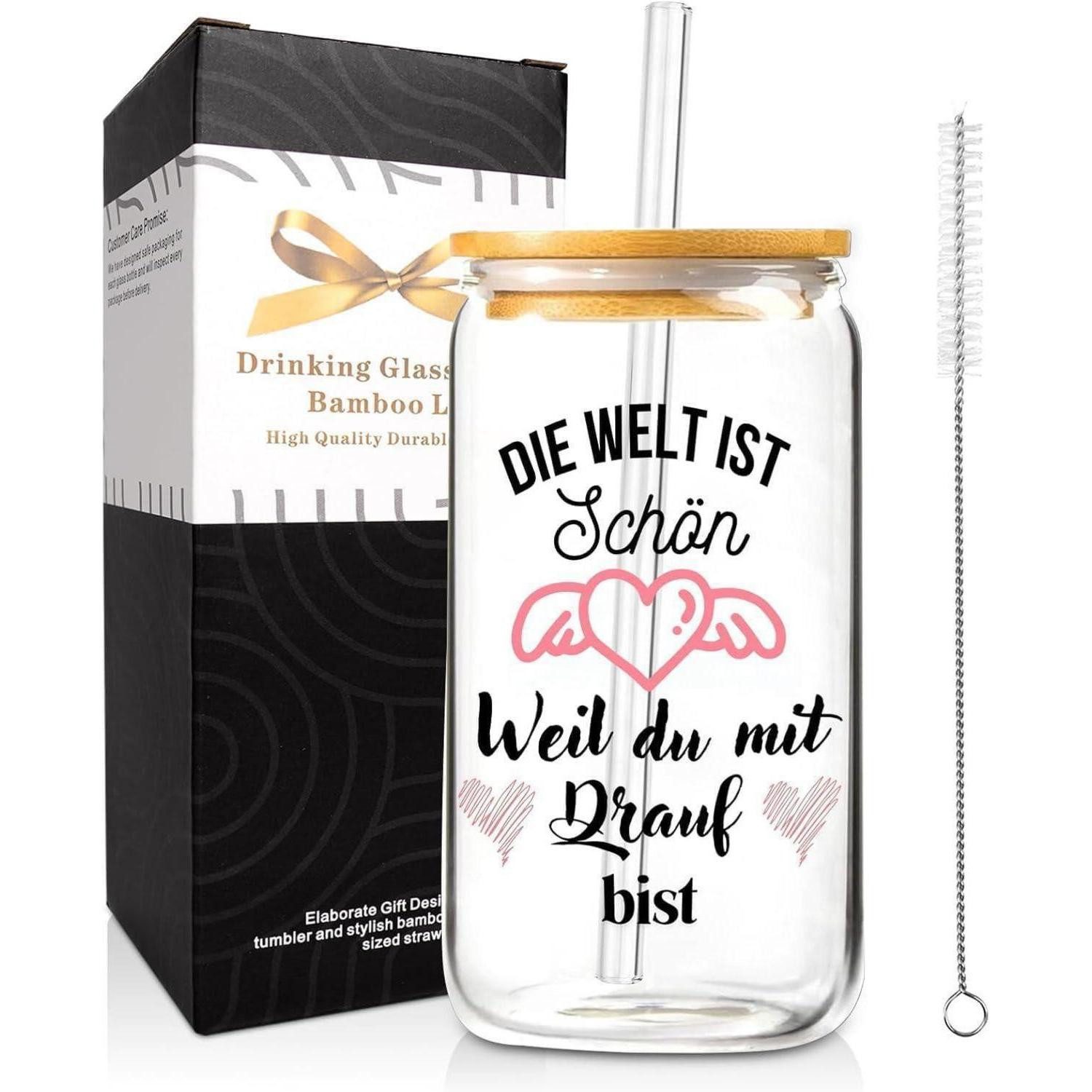 Mason Life Longdrinkglas Glas Trinkbecher 500ml mit Deckel, Strohhalm