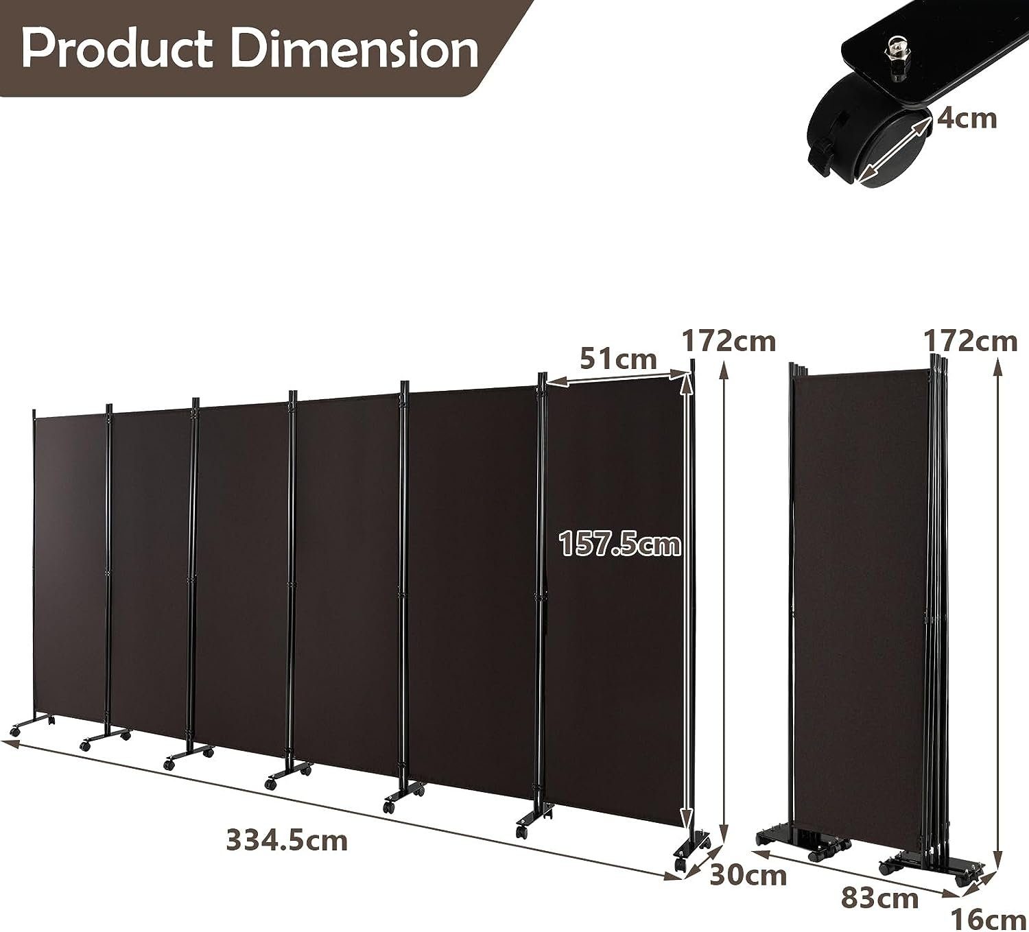 Hoch, Sichtschutz, 172cm KOMFOTTEU mit braun Trennwandplatten Metallrahmen