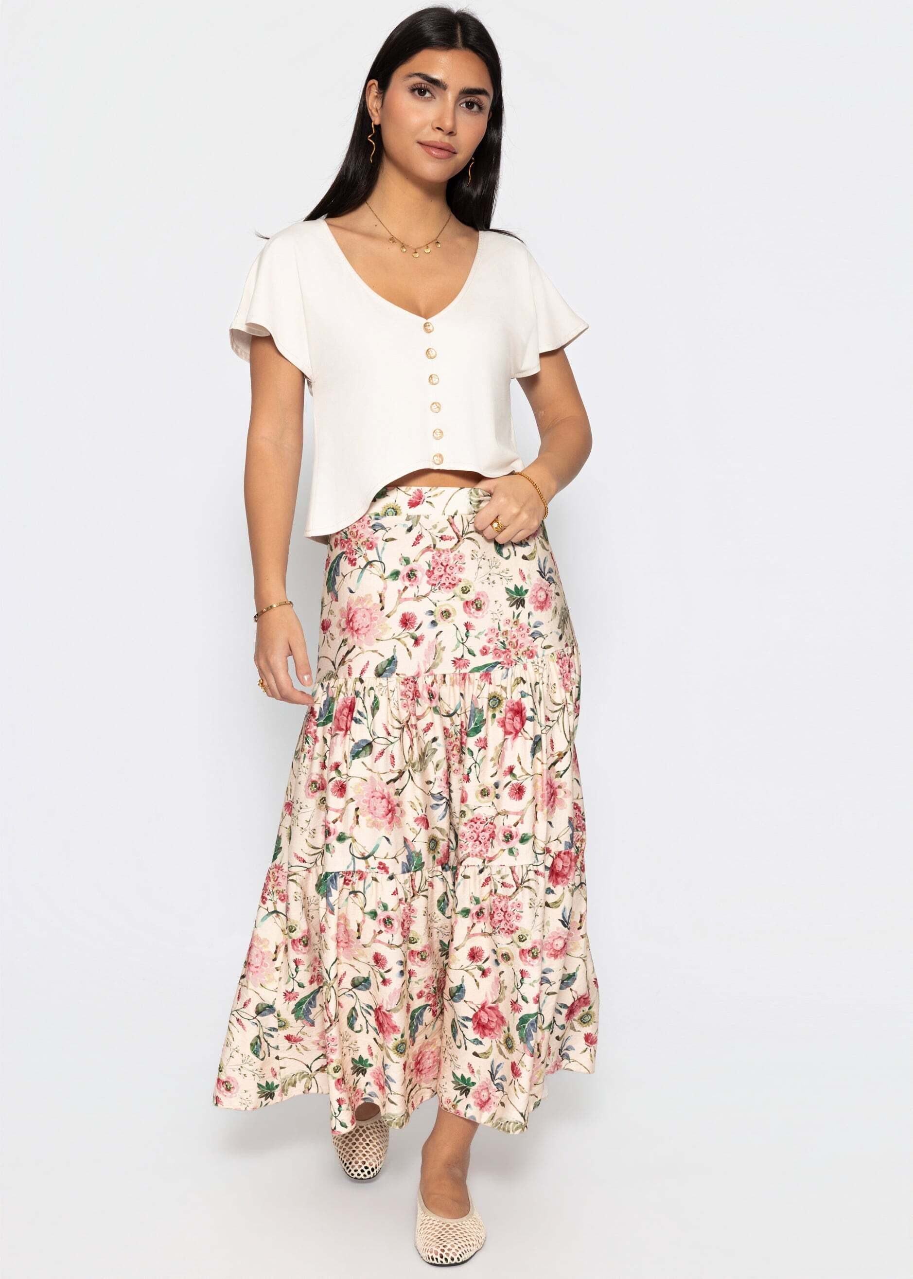 SASSYCLASSY Maxirock Maxi Rock mit Blümchendruck für Damen Fließender Rock mit angesetzten Stufen im luftigen Fall Beige – Bild 5 von 5