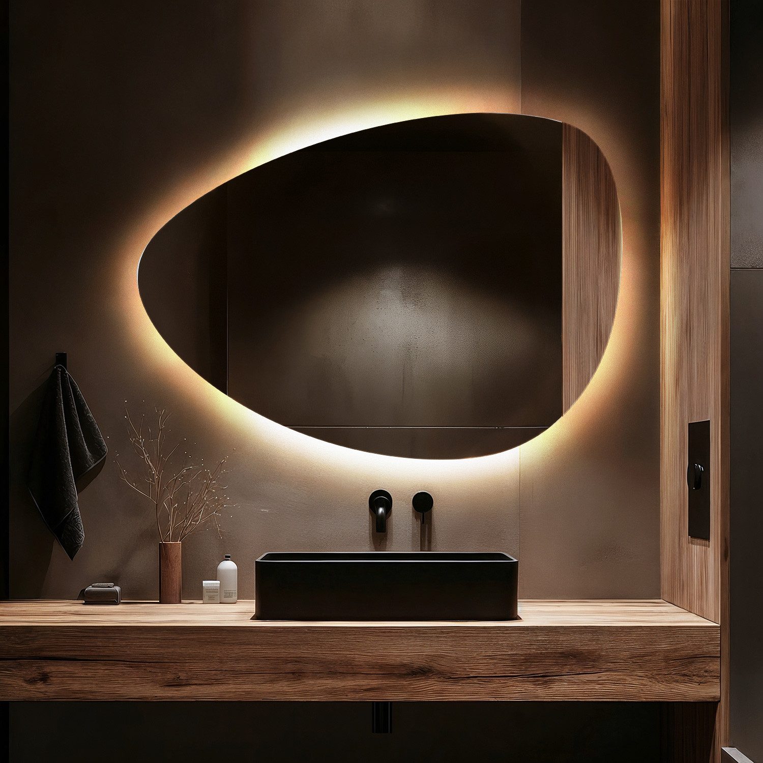 Tulup Dekospiegel Unregelmäßiger Premium-LED-Badezimmerspiegel, fertig zum Aufhängen, eiförmiger Spiegel LED, Warmweiß 3000K – Bild 3 von 5