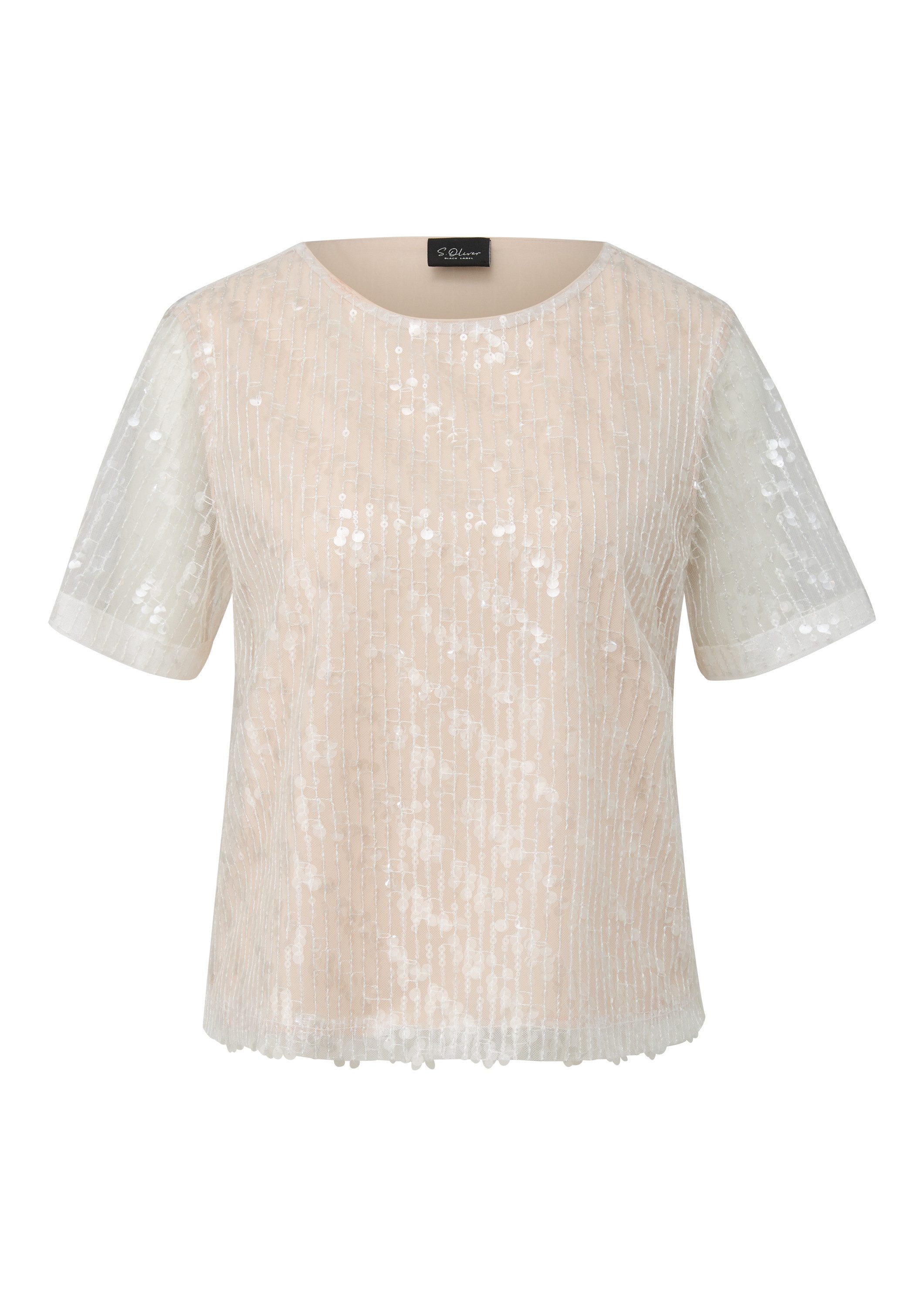 s.Oliver Kurzarmbluse Bluse Pailletten-Shirt mit transparenten Ärmeln und Rundhalsausschnitt