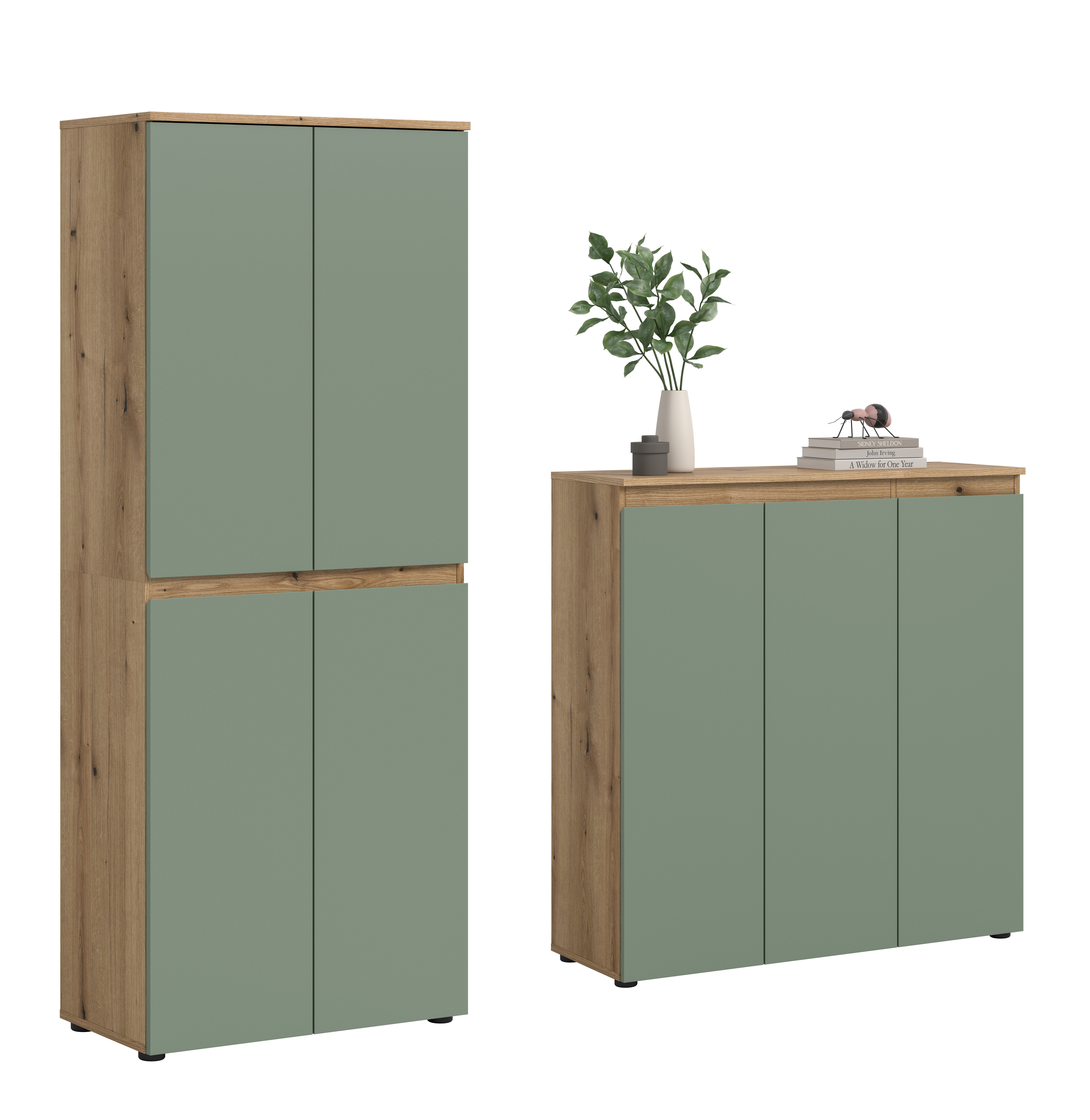 furnling Mehrzweckschrank-Set Sarca - in 5 trendigen Farben, (2-St., bestehend aus Kommode, Universalschrank), 1 Kleiderstange, großzügiger Stauraum durch 19 Fächer, Breite 190 cm