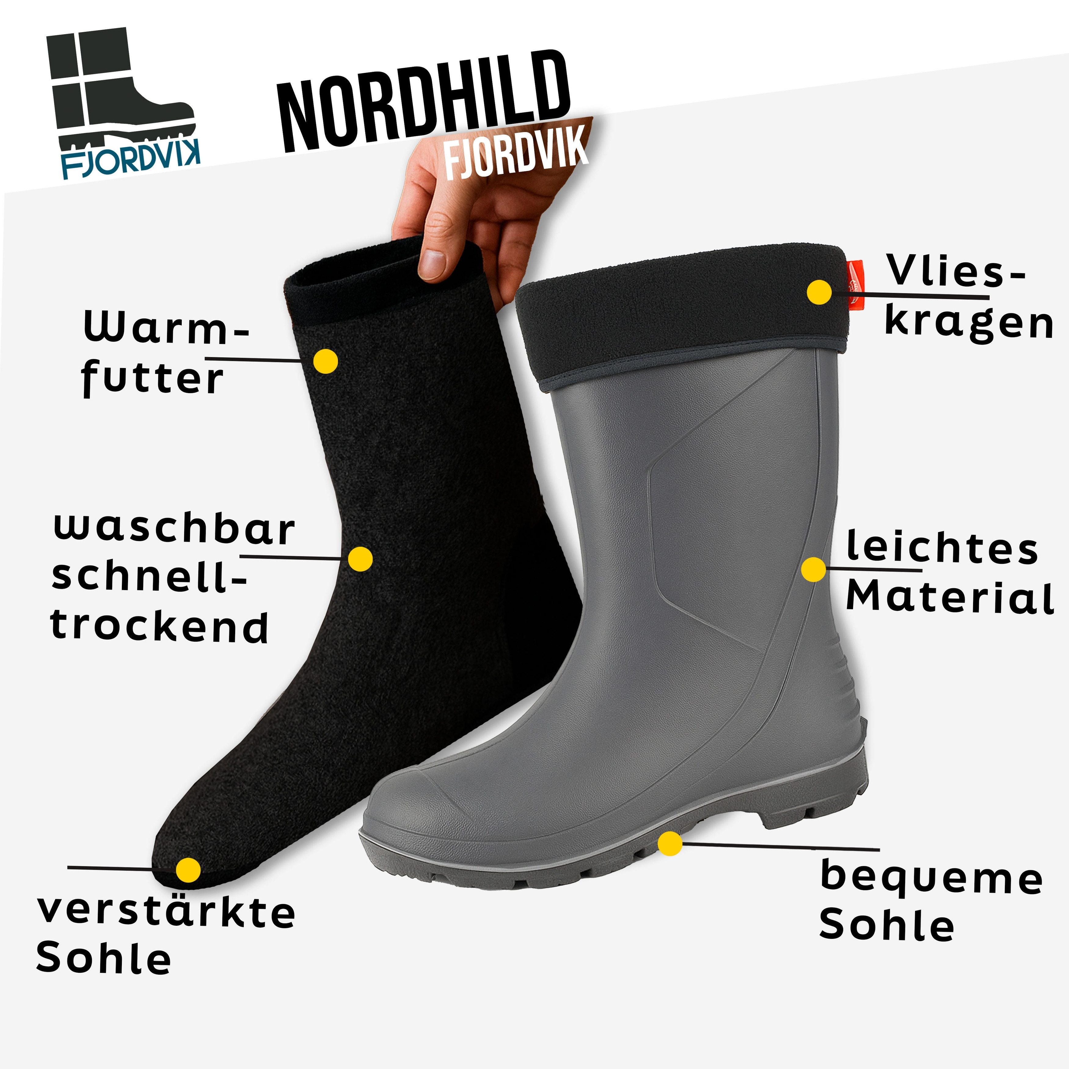 Fjordvik Nordhild EVA-Gummistiefel Damen – Wintertauglich Grau, Gr. 38 Gummistiefel (Flexible Damenstiefel für Gartenarbeit, Feuchtigkeit und Kälte) Beweglicher Schaft, sicherer Halt, komfortabel auf nassem Untergrund.