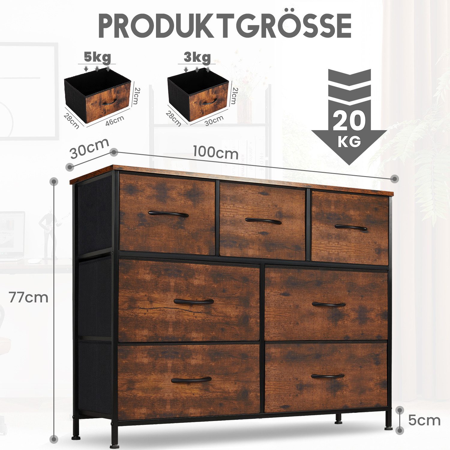 DUMOS Schubkastenkommode Kommode mit 7, 8, 9 Schubladen Stoffkommode mit Stabilem, 7 Schubladen