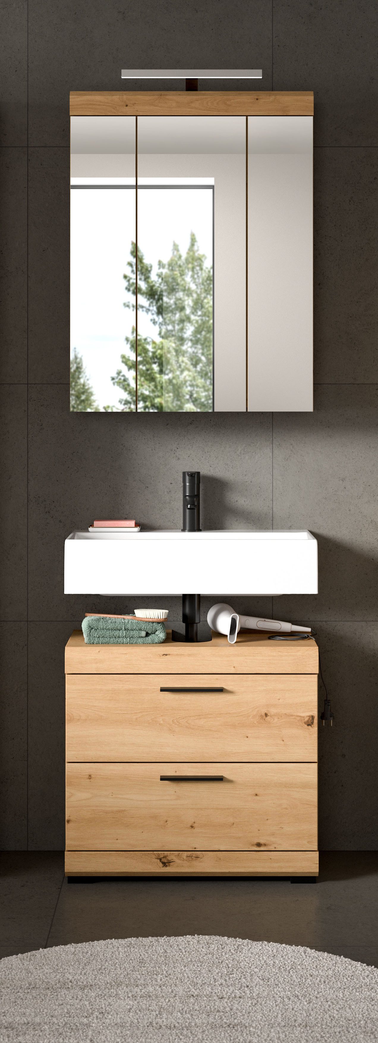 welltime Badmöbel-Set SIENA, 2 teilig, inklusive LED Beleuchtung, bestehend aus:, (Set, 2-St., TOPSELLER), Waschbeckenunterschrank, Spiegelschrank, LED Badaufsatzleuchte