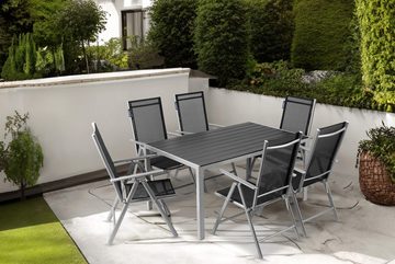Konsimo Garten-Essgruppe EPIGE Gartenmöbelset mit Tisch und Stühlen, (6x Stuhl, 1x Tisch, Maße: 150x74x90 cm, 7-tlg), Rückenlehnenverstellung, UV-Beständigkeit, Polywood, Aluminium