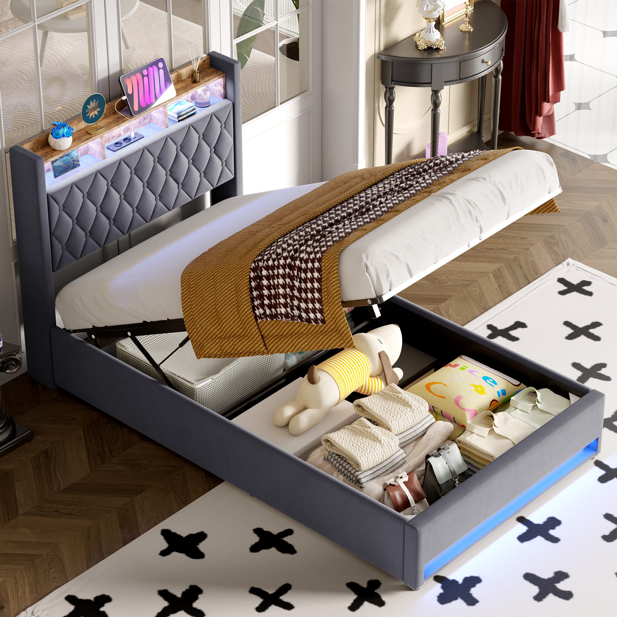 OKWISH Polsterbett Bett (Doppelbett Jugendbett mit USB/Typ-C Ladeanschluss, 140x190cm mit RGB-LED-Beleuchtung, hydraulischem Stauraum), Hollandvelours, mit Knopfheftung, ohne Matratze