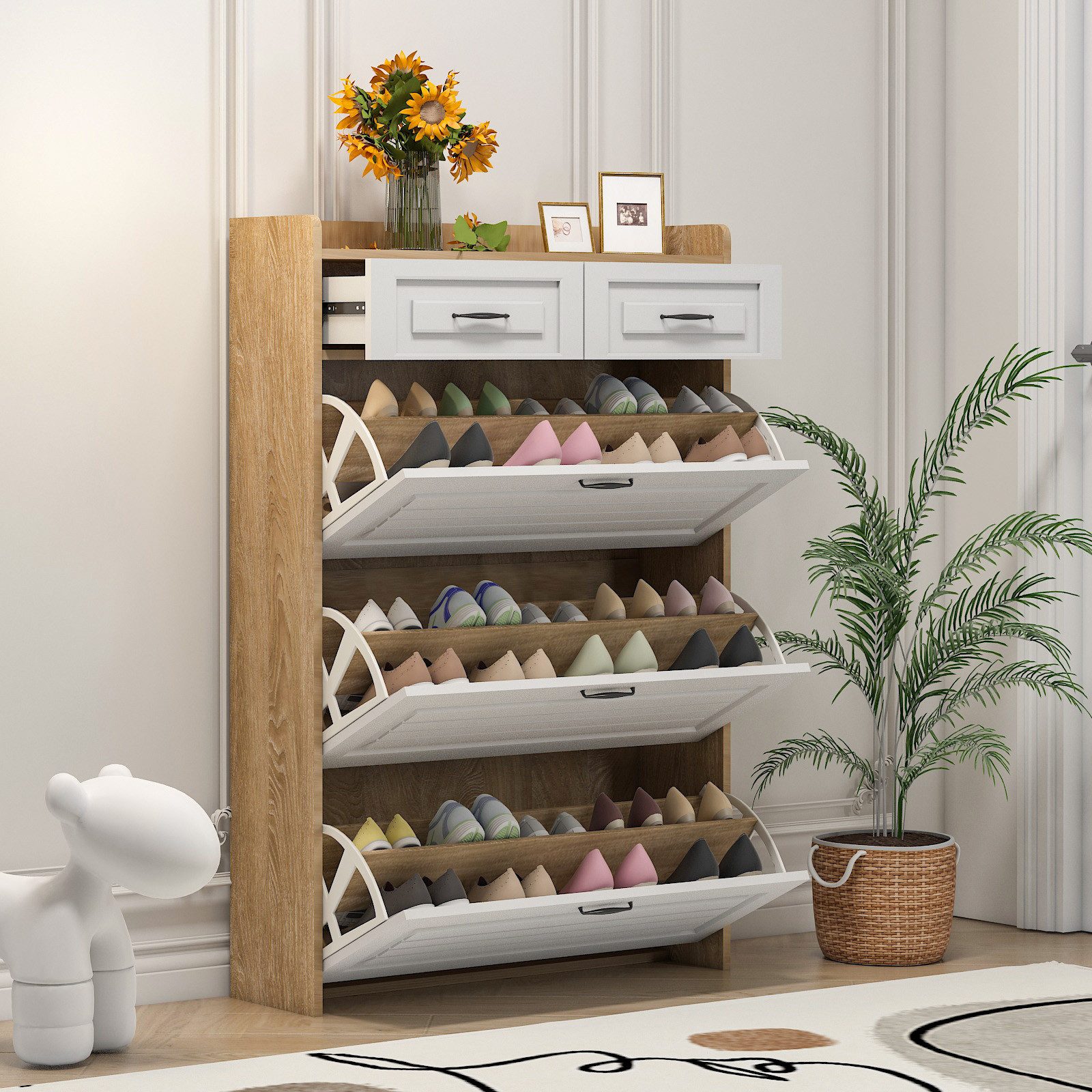 Schuhschrank Schuhschrank mit 3 Klappen und 2 Schubladen aus Holz