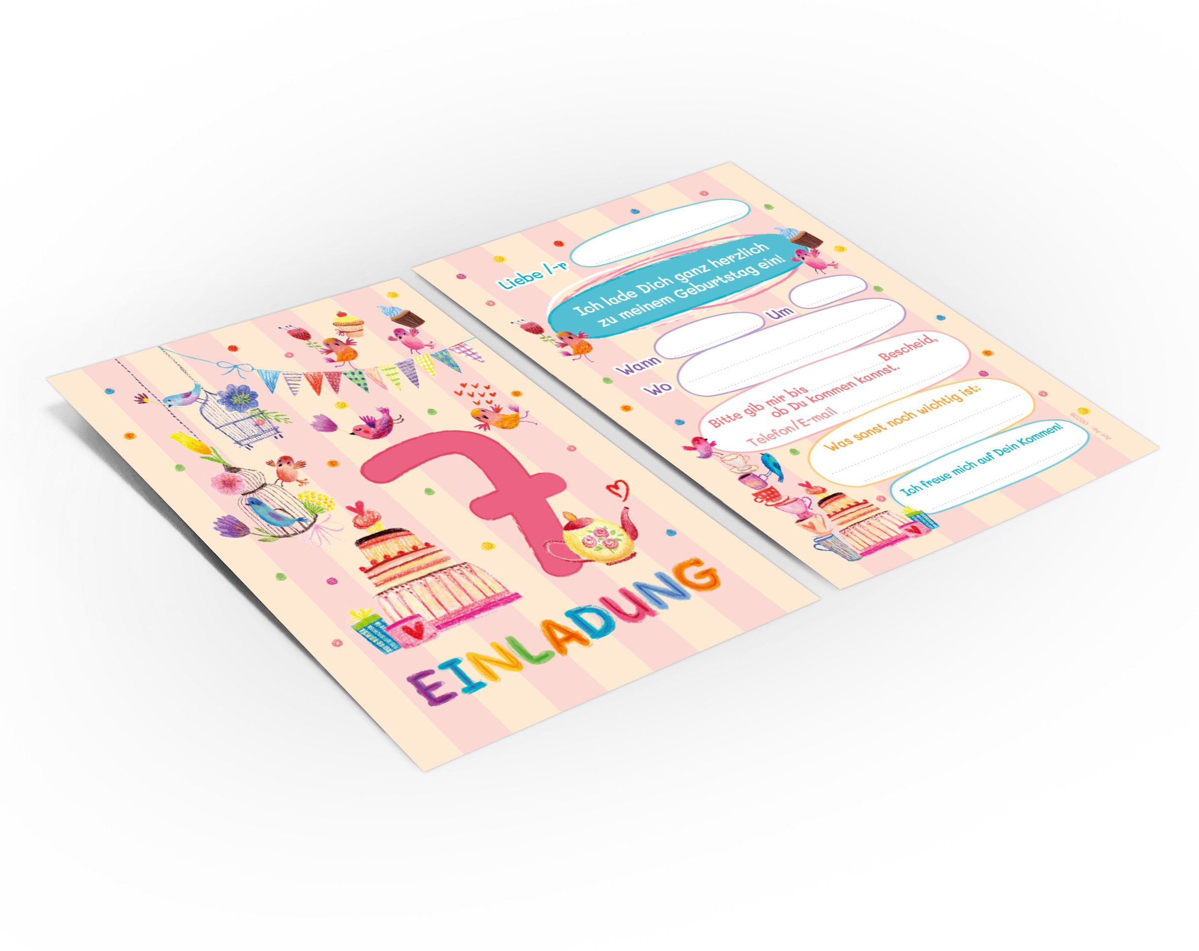 JUNAPACK Einladungskarten Vogel Einladungen zum 7. Kindergeburtstag Karten Mädchen rosa Tiere, Einladungskarten mit Vögelchen zum siebten Kindergeburtstag