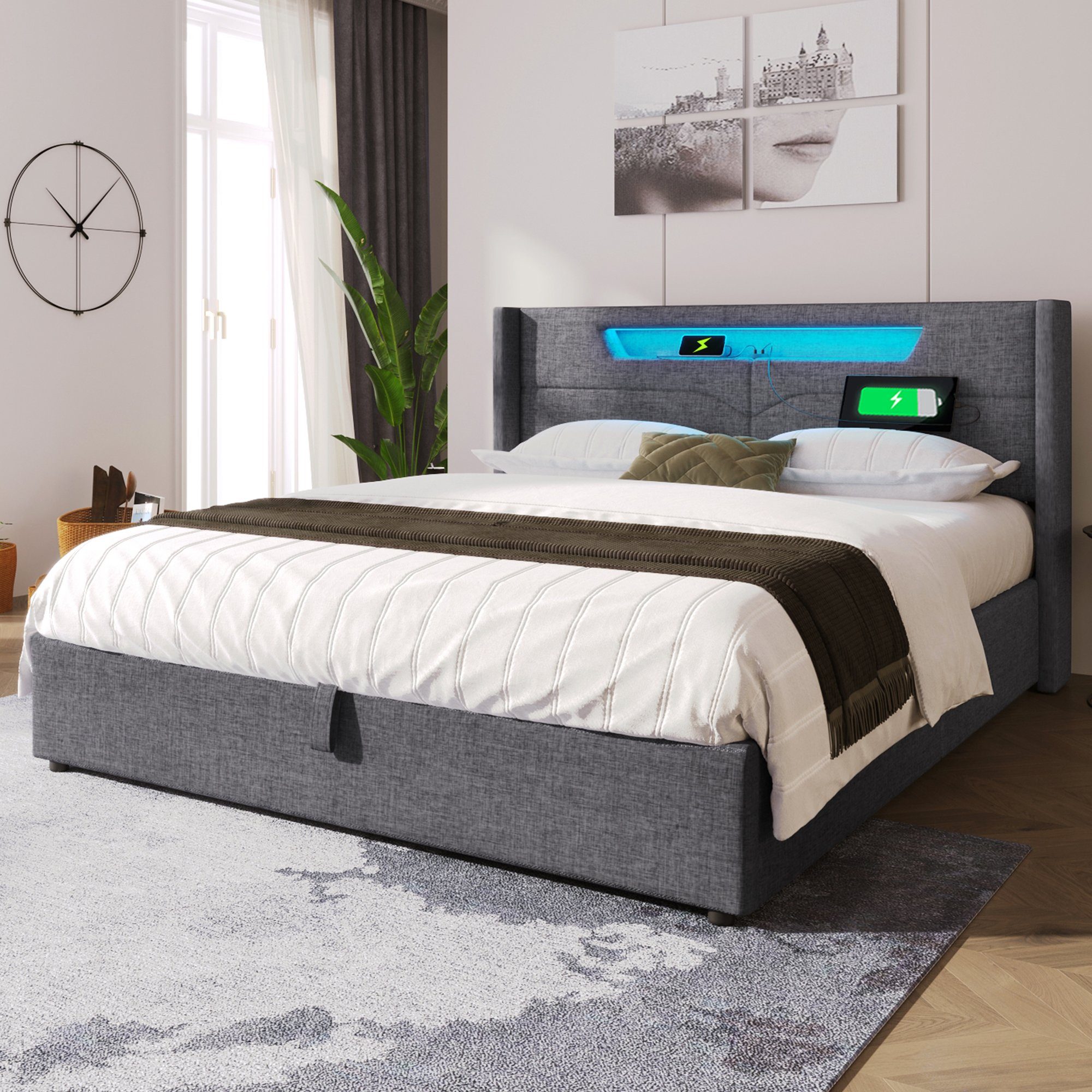 Polsterbett (Hydraulisches Bett mit Lattenrost und LED-Beleuchtung), Stauraumbett mit USB Typ C Ladefunktion Kopfteil, Leinen, 140x200cm