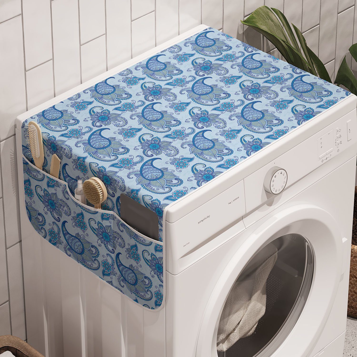 Abakuhaus Badorganizer Anti-Rutsch-Stoffabdeckung für Waschmaschine und Trockner, blau Paisley Ethnic Design Blumen