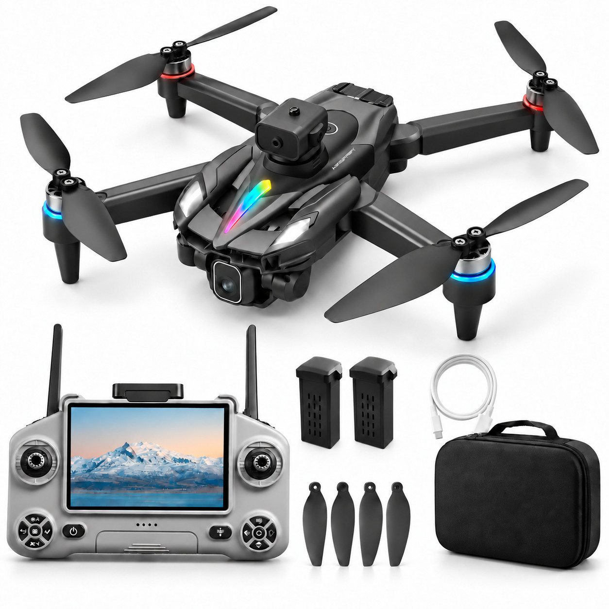 Goldstern-Tech RC-Quadrocopter (Faltbare Drohne mit Brushless-Motoren, Hinderniserkennung, Kameradrohne mit HD-Kamera & 4,3-Zoll-Display), 2 Akkus & bis zu 40 Min. Flugzeit