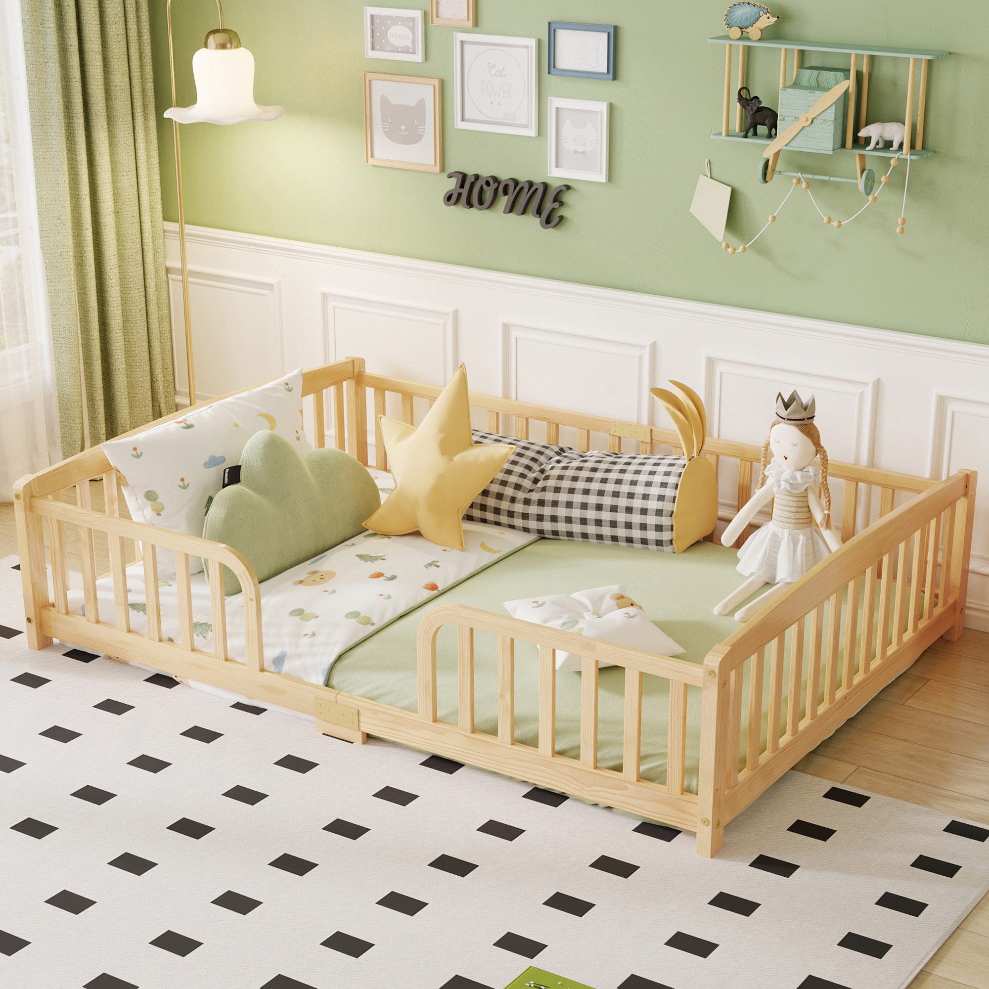 KEFEYA Kinderbett Bodenbett 90/140x200 cm aus Kiefernholz (mit Sicherheitsgeländern & mittigem Einstieg, bodennahes Design für Kinderzimmer & Spielzimmer, für Kinder und Jugendliche, 1-tlg., 140x200 cm)