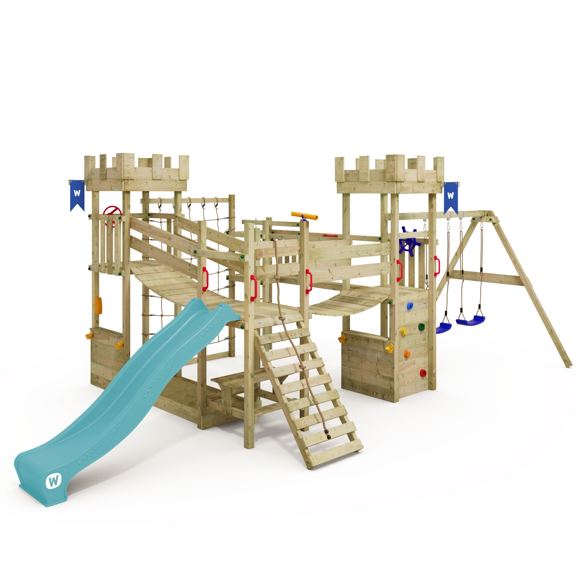 Wickey Klettergerüst Smart Arch – Ritterburg-Spielturm mit Wackelbrücke, Rutsche & Schaukel, (Kletterturm in Burg-Optik mit Kletternetz & Kletterseil, Abenteuer-Spielhaus für kleine Ritter & Prinzessinnen), Unvergessliche Abenteuer für Kinder & 10 Jahre Garantie*