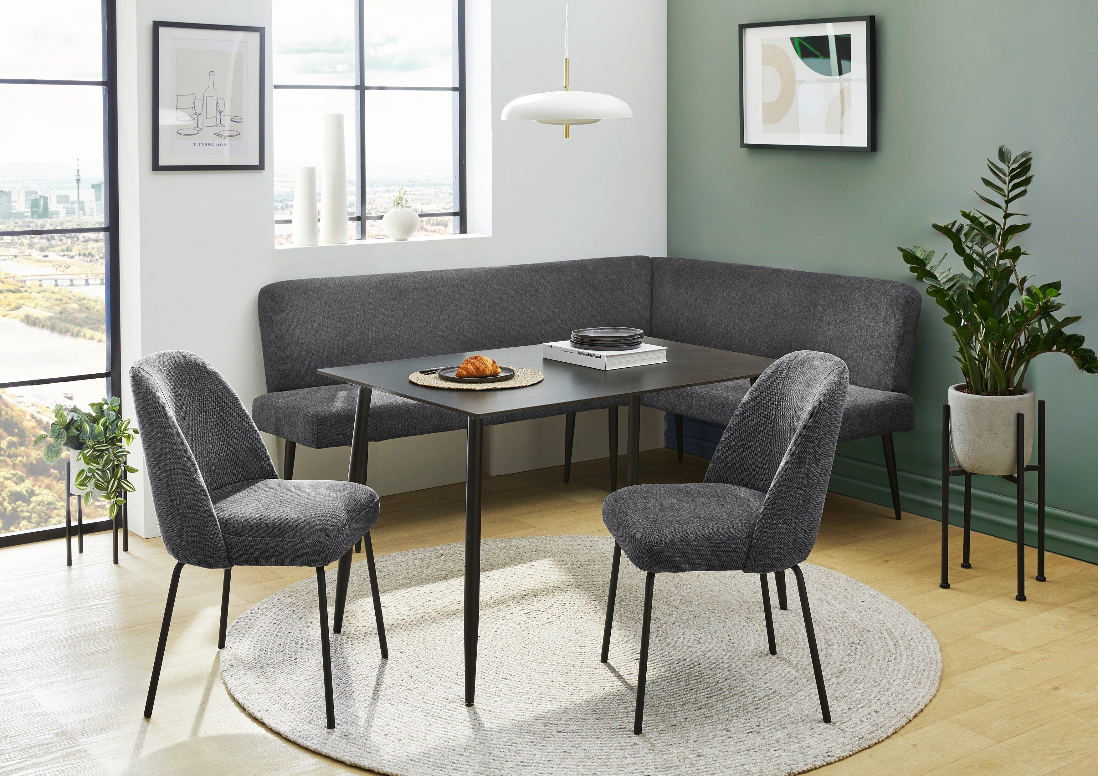Jockenhöfer Gruppe Eckbankgruppe Melvin (Set, 4-tlg. Tisch, Bank und 2 Stühle), Taschenfederkern, (Set), Tisch (120x75cm) schwarz, Bank und Stühle anthrazit oder beige