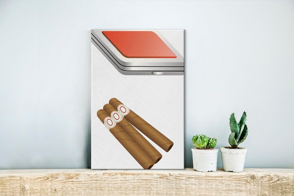 einer Zigarettenschachtel, und Gemälde, fertig OneMillionCanvasses® Zackenaufhänger, Leinwandbild Eine (1 Zigarren- Illustration inkl. 20x30 cm St), bespannt kubanischen Leinwandbild