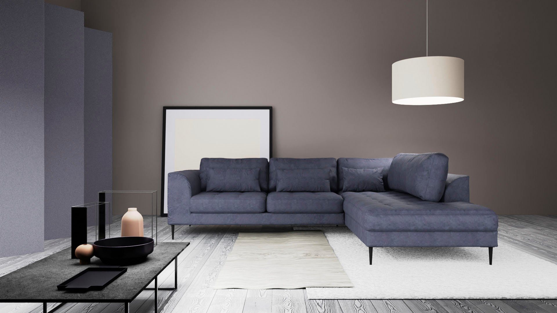TRENDMANUFAKTUR Ecksofa Luzi, wahlweise mit Schlaffunktion und Bettkasten, gemütlich, L-Form, Designsofa mit Ottomane, Metallfüße schwarz, Breite 264 cm