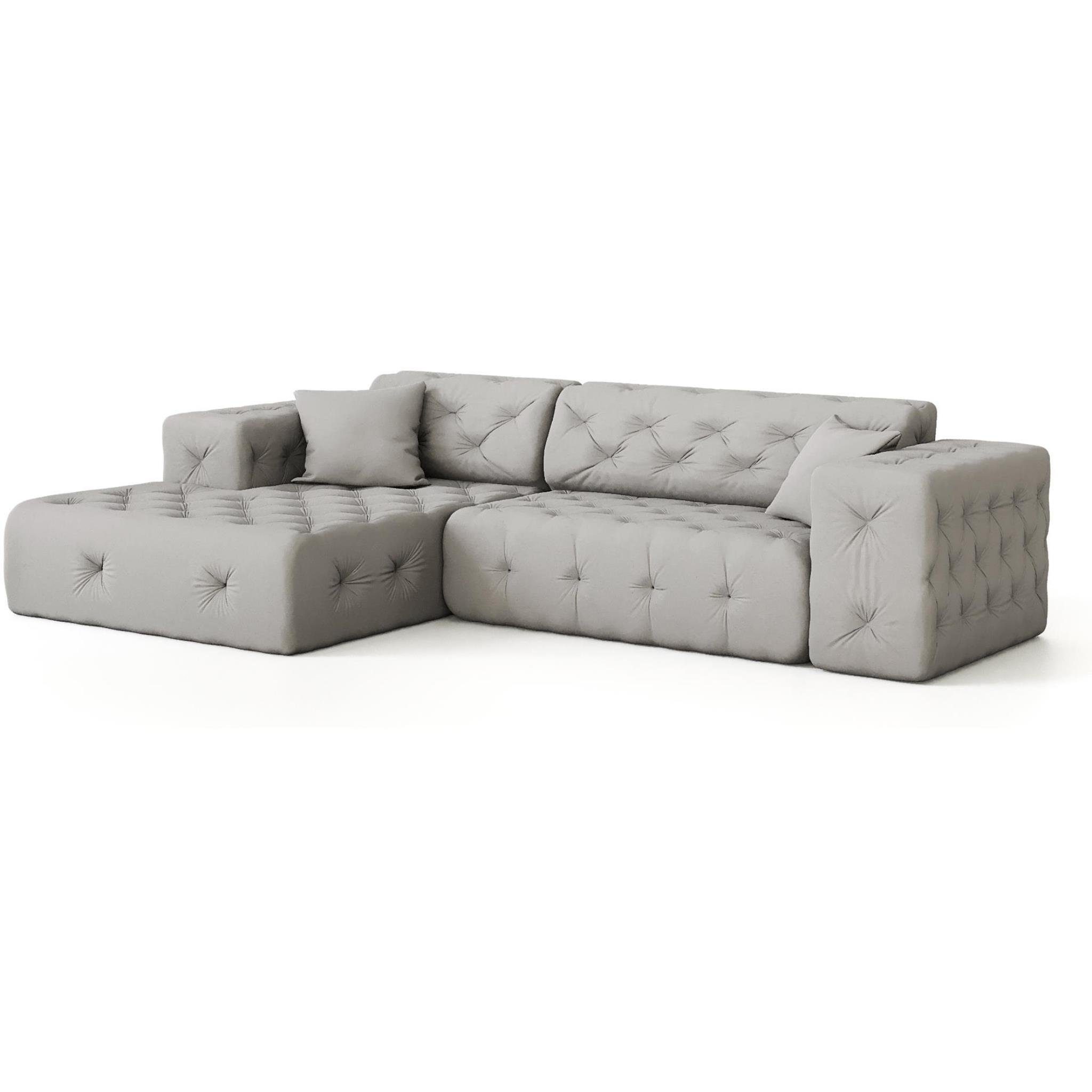 hochwertiger Moreno Opera mit Chesterfield light Beautysofa L-Form Ecke aus mini, Polsterecke grey Wellenunterfederung Design, mit Polsterecke Velours, Knopfheftung, im