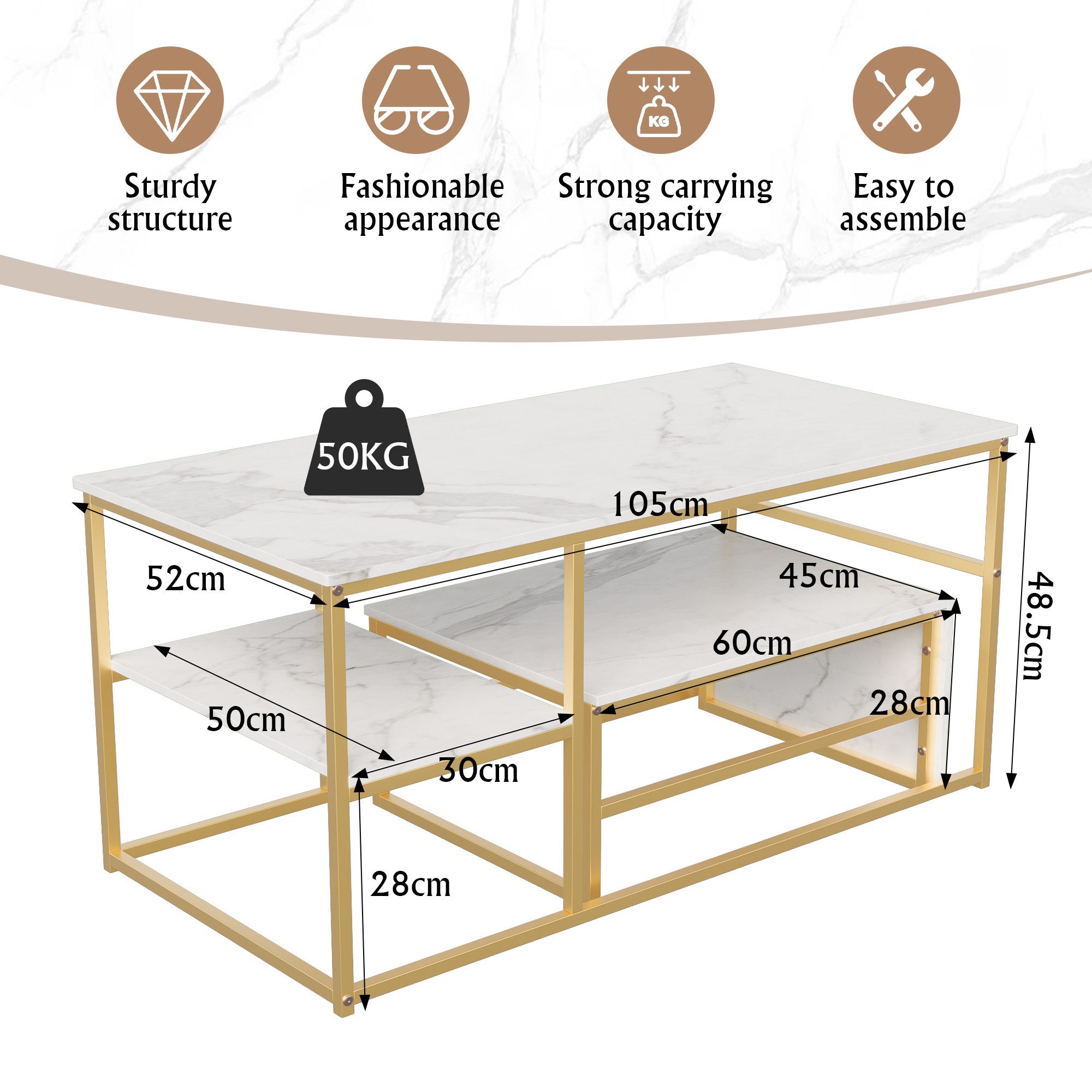Furnishings Home Couchtisch Rechteck Satztisch Beistelltisch stapelbarer Sofatisch (2-St., Ideal für Wohnzimmer & Büro, Platzsparendes stapelbares Design), Mit Marmormuster Tischplatte, 105 x 52 x 48.5 cm + 60 x 45 x 28 cm