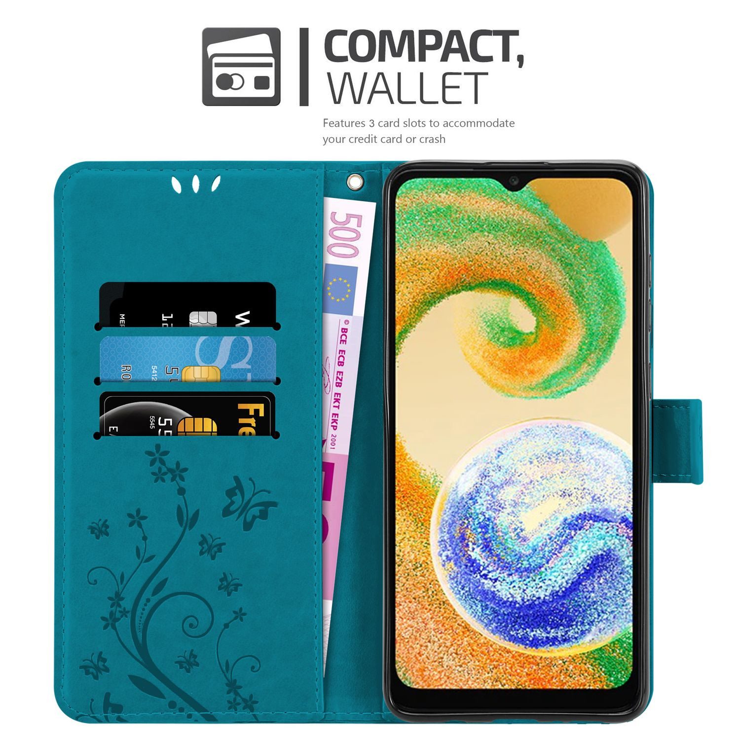 Cadorabo Handyhülle für Samsung Galaxy A04s / A13 5G / M13 5G Hülle Samsung Galaxy A04s / A13 5G / M13 5G, Hülle Schutzhülle Blumen Flower mit Standfunktion Kartenfach Magnet