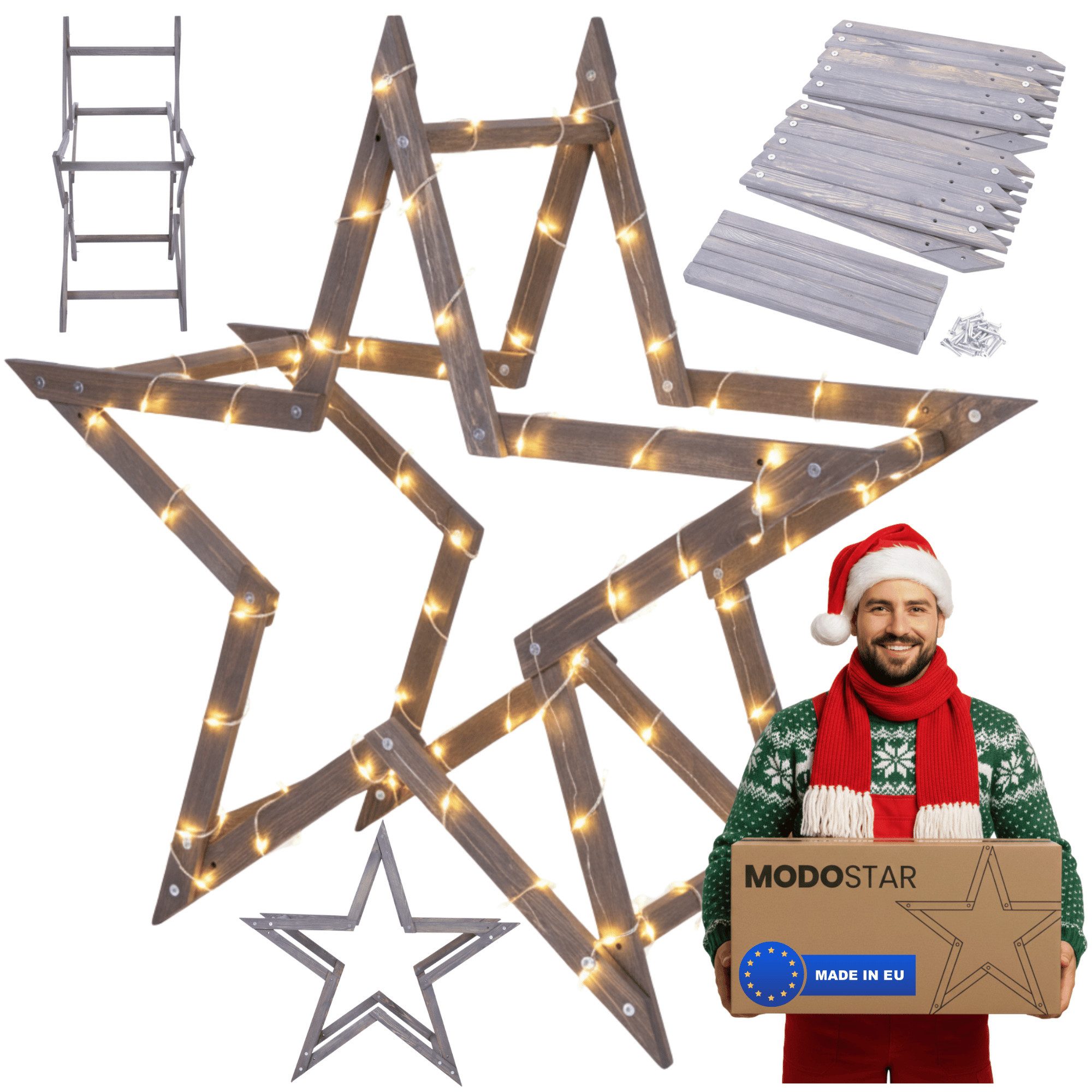 Modo24 Dekostern DIY MODOSTAR Weihnachtsstern Set aus FSC Holz 2D und 3D in 3 Breiten, zum Garten & Terrasse, wetterfest, faltbar & stabil, Weihnachtsdeko