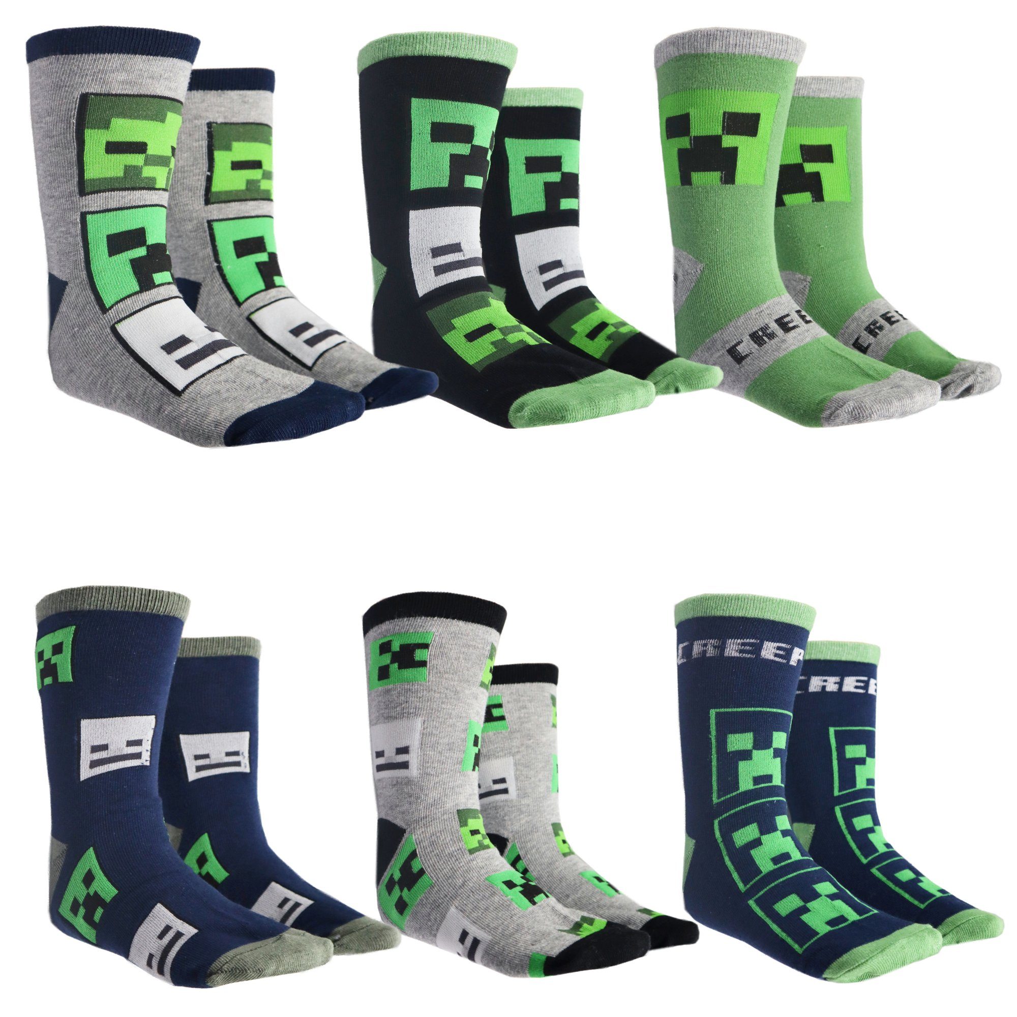 Minecraft Langsocken Minecraft Creeper Zombie Skelett Kinder Jungen lange Socken 6er Pack (6-Paar) Gr. 27 bis 38