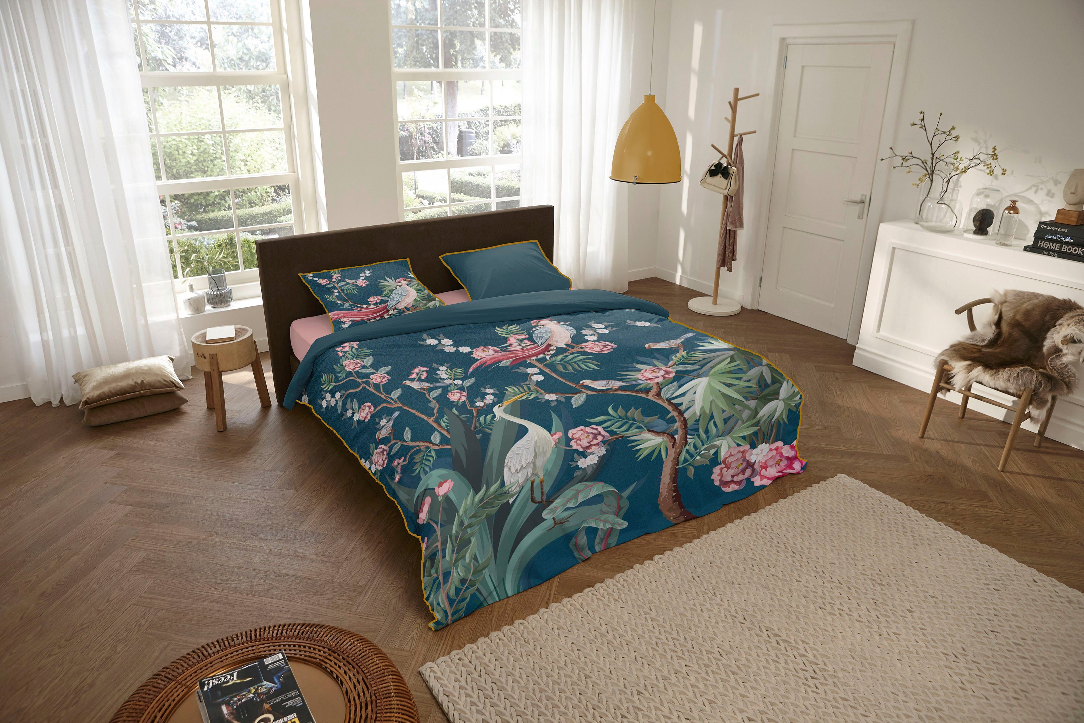 Descanso Wendebettwäsche Sarenza, Satin, 2 teilig, Mako Satin, 135x200, Biese, Reißverschluss, Wendeoptik, Blumen, Grau