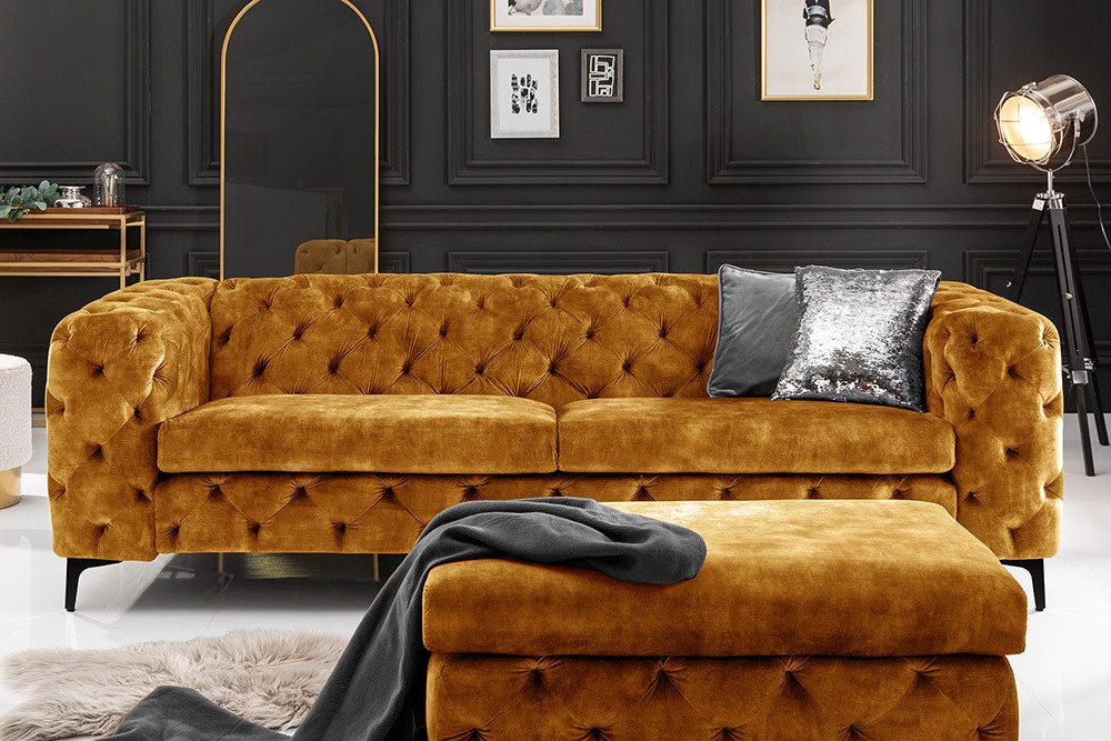 riess-ambiente Fußhocker MODERN BAROCK 90cm senfgelb · Sitzhocker aus Samt mit Ziersteppung (Einzelartikel, 1 St), Fußhocker · Taschenfederkern-Polsterung · Chesterfield · Metallfüße