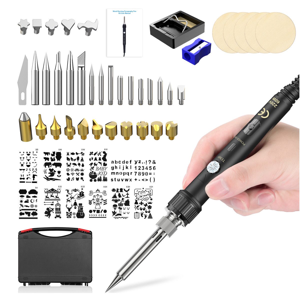 AeroAxis Lötkolben 60W Lötset mit Einstellbarer Temperatur 150℃-450℃ mit EIN/AUS-Schalter, max. 450 °C, max. 60 W, elektrisch, Set, 52-tlg., 50g Lötdraht, 5 Lötspitzen, Entlötpumpe, Lötkolbenständer, Pinzette, Soldering Iron Set für Elektrotechnik Reparaturen Profi Hobbybastler
