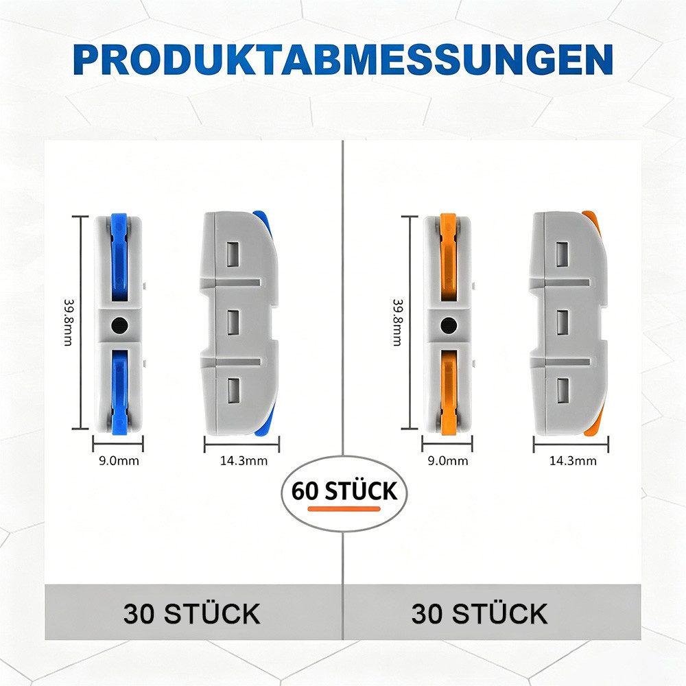 AFKSMILE Kabelverbinder-Sortiment 60 Stück Hebel-Kabelverbinder,Schnellverbindungs Set, Inline Klemmen, 60-tlg., 28-12 AWG,1 Ein 1 Aus,aus isolierendem PC-Material,wiederverwendbar