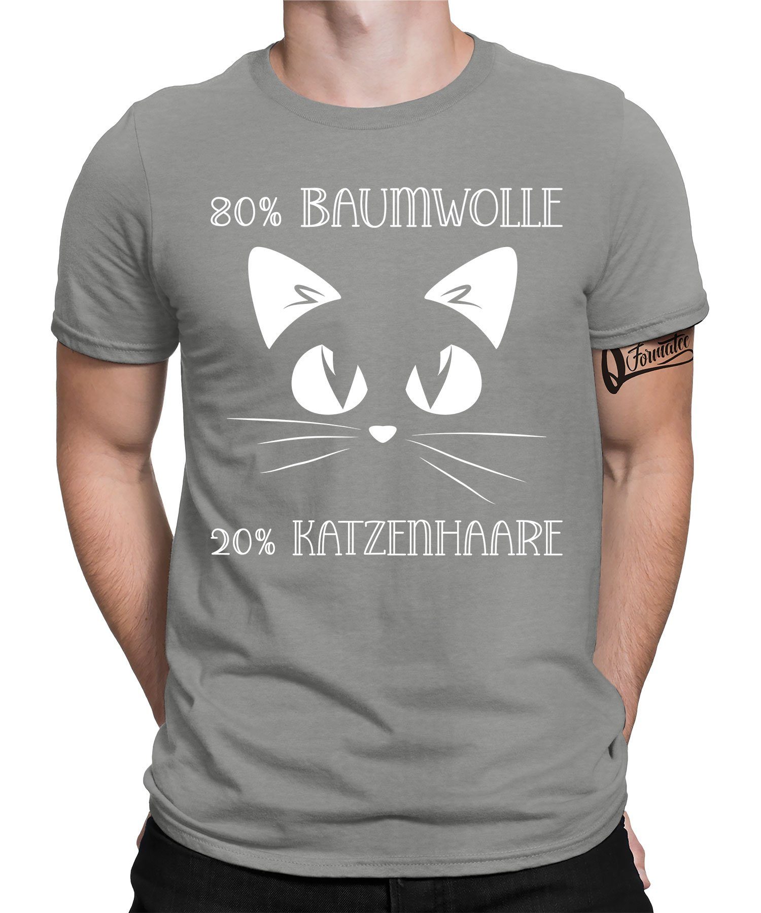 Quattro Formatee Kurzarmshirt 80% Baumwolle 20% Katzenhaare Katze Cat - Lustiger Spruch Statement (1-tlg) Heather Grau