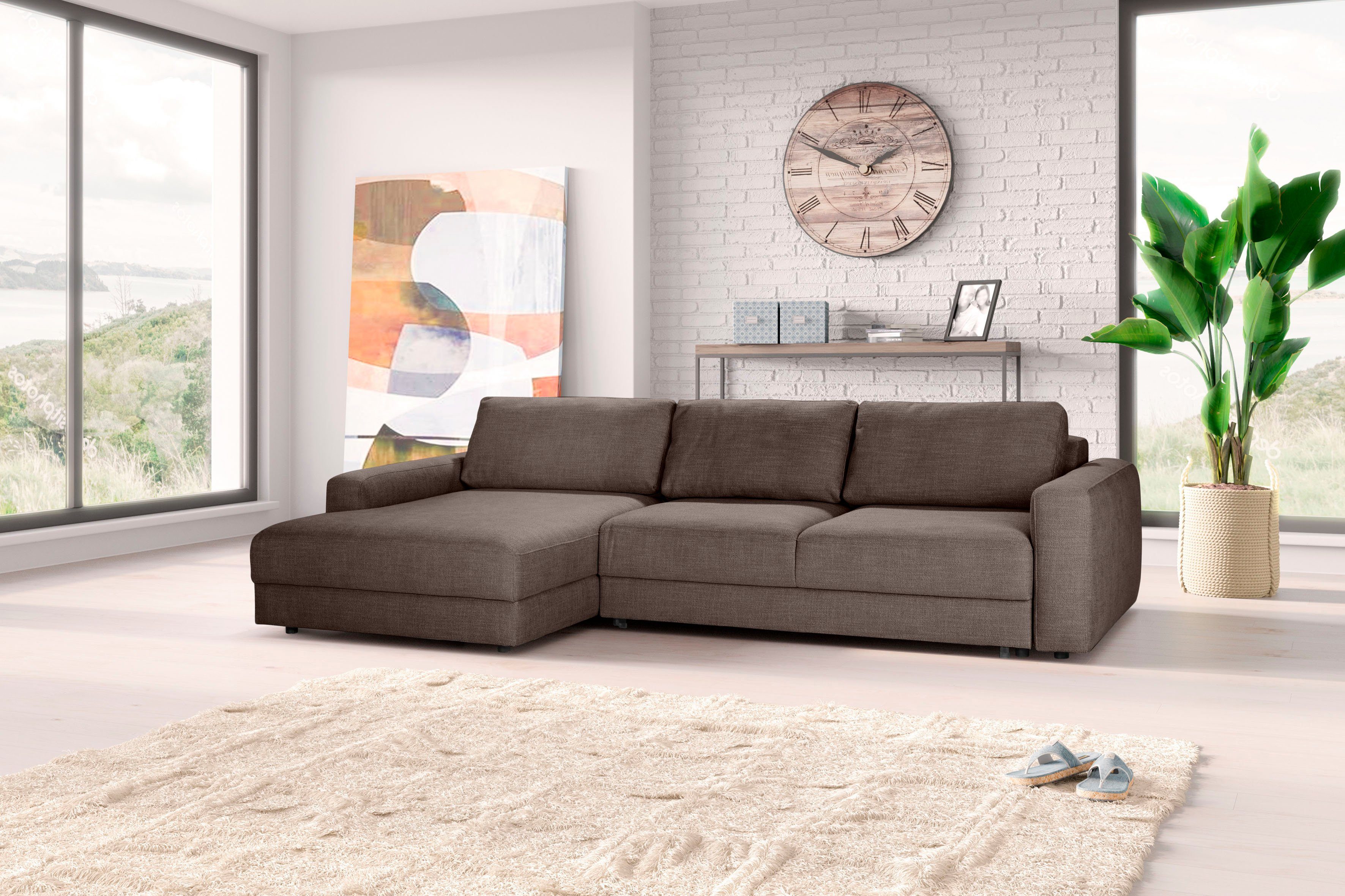 TRENDMANUFAKTUR Ecksofa Bourbon II, hoher Sitzkomfort, extrabreite Recamiere für Relaxkomfort, wahlweise mit Bettfunktion und Bettkasten, zeitlos und elegant, L-Form