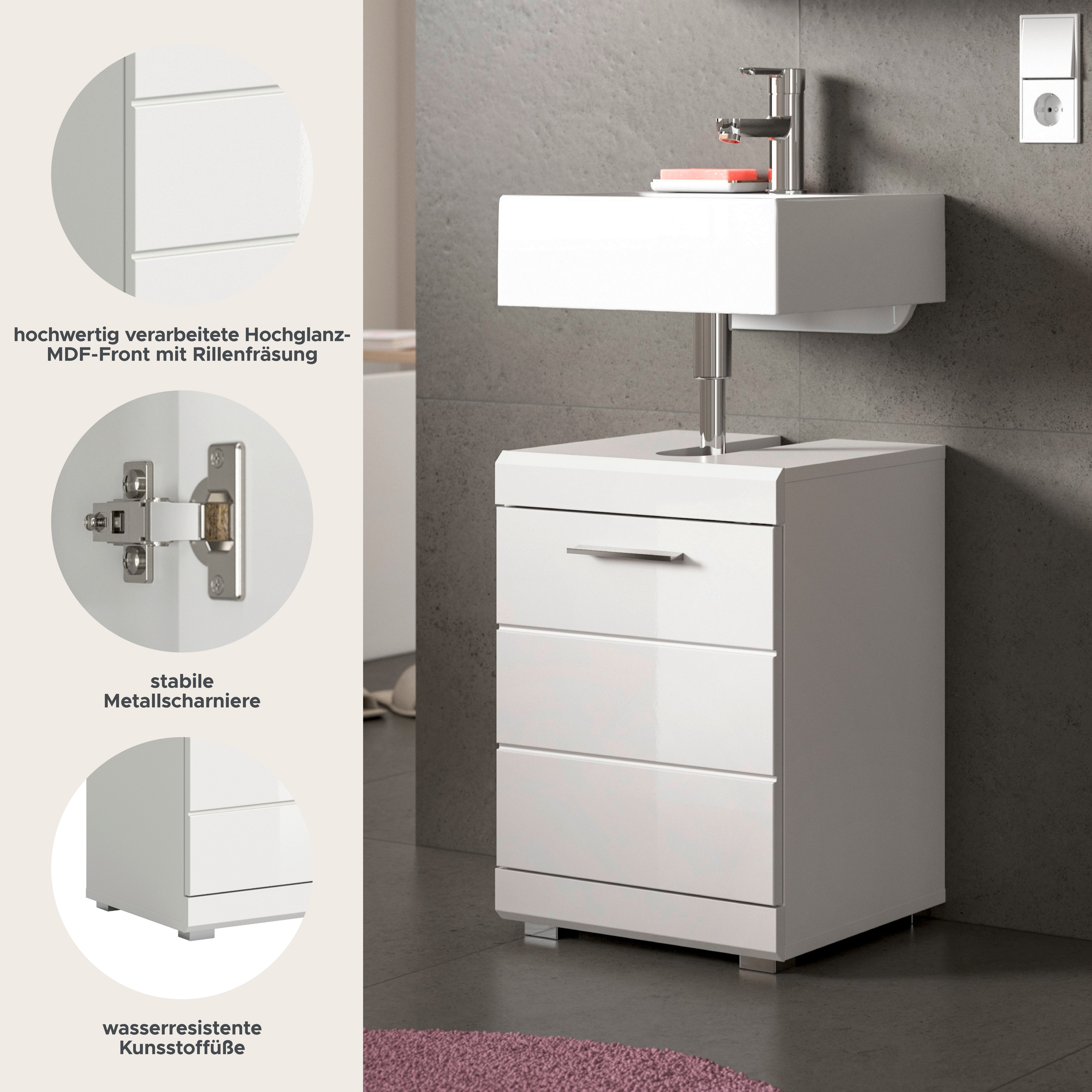 welltime Waschbeckenunterschrank SIENA, Breite 40cm, 1 Tür, 1 Einlegeboden, 2 Fächer, MDF-Front (TOPSELLER!, mit Siphonausschnitt 10x25 cm) WBU, Badmöbel, Badschrank, Kommode, Unterschrank, Bad, Badezimmer