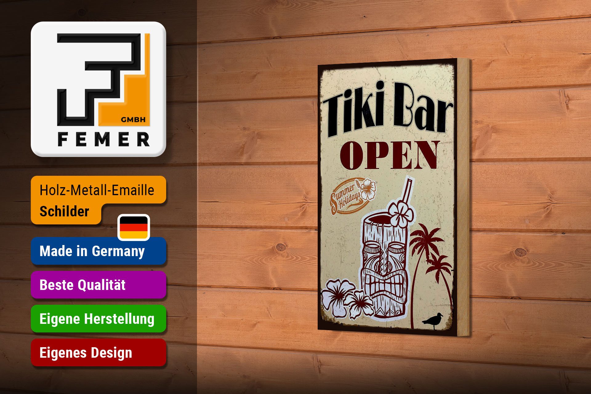 Femer GmbH Holzbild Reklame 12x18 cm Tiki Bar open, (1 St), Glatte Holzfaserplatte (MDF), vorn beschichtet