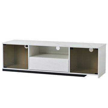 Merax Lowboard mit Glastüren und Schublade inkl. LED-Beleuchtung, TV-Schrank Länge verstellbar, Fernsehtisch, Breite :140cm