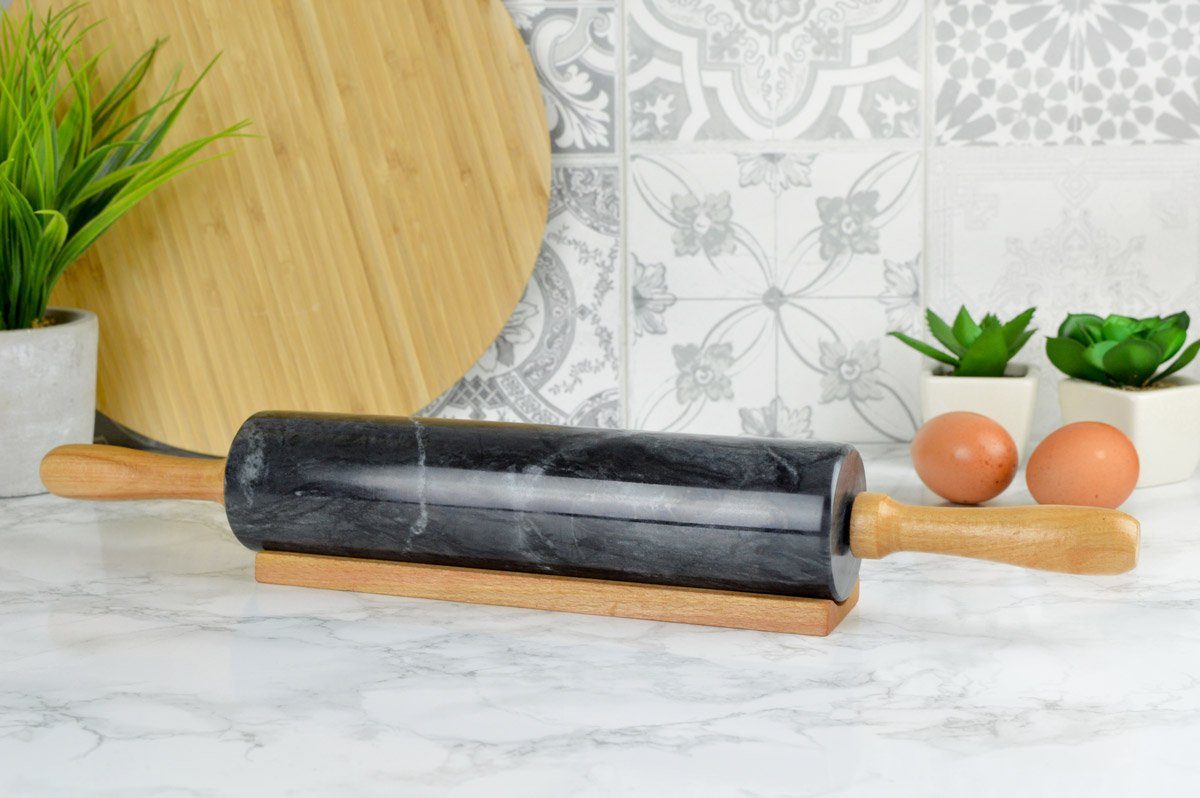 Sendez Teigroller aus Marmor mit Ständer 46x6cm Teigrolle Ausroller Nudelrolle 2kg Marmor, (1-tlg) – Bild 2 von 5