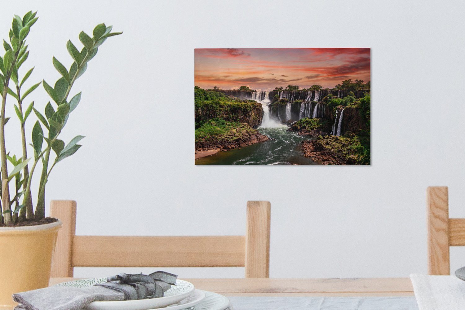 OneMillionCanvasses® Leinwandbild Wasserfälle mit 30x20 Wanddeko, Leinwandbilder, Orange, St), - - (1 Bäumen Wandbild Aufhängefertig, cm Sonnenuntergang