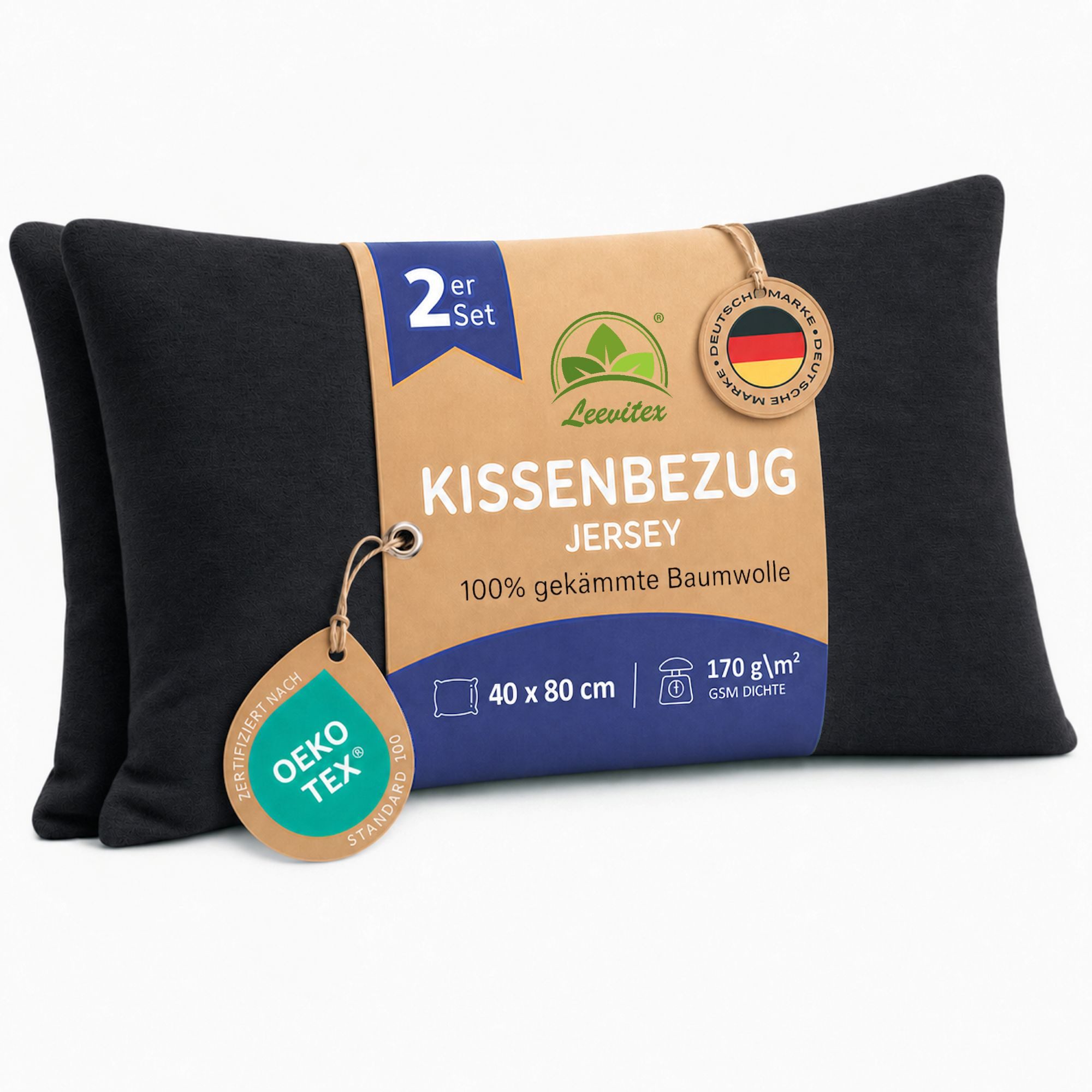 leevitex® Kissenbezüge Kissenbezug 40 x 80 cm, 2er Set, Schwarz, (2 Stück), feine Jersey-Qualität, 100% Baumwolle, robuster Reißverschluss