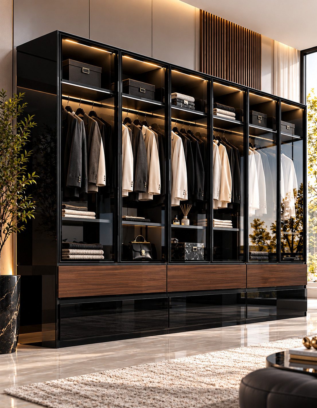 Palms-Store Kleiderschrank Sansibar mit Glastüren, 6 Schubkasten inkl. Beleuchtung Breite: 300cm, Höhe: 218cm, Tiefe: 62cm