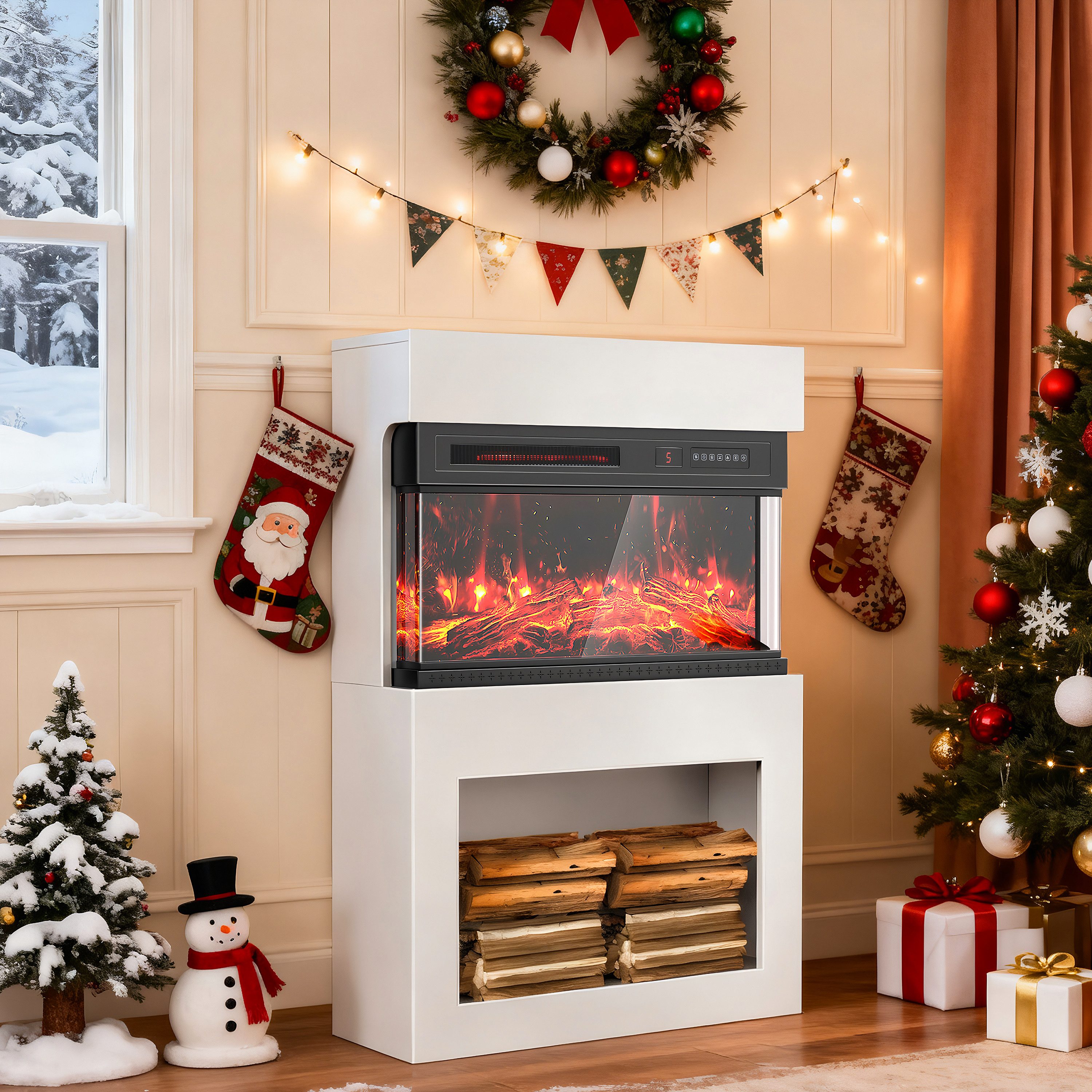 oyajia Elektrokamin Elektrischer Kamin mit 3D-Flammeneffekt, Heizung, Holzfach, Thermostat, Fernbedienung, Timer, in 12 Farben mit 5 Helligkeitsstufen