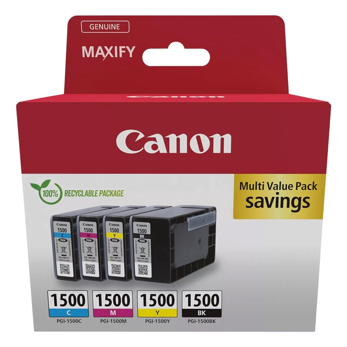 Canon PGI-1500 BK/C/M/Y Tintenpatrone (Set, 4-tlg., Original Druckerpatronen, schwarz / cyan / magenta / gelb)