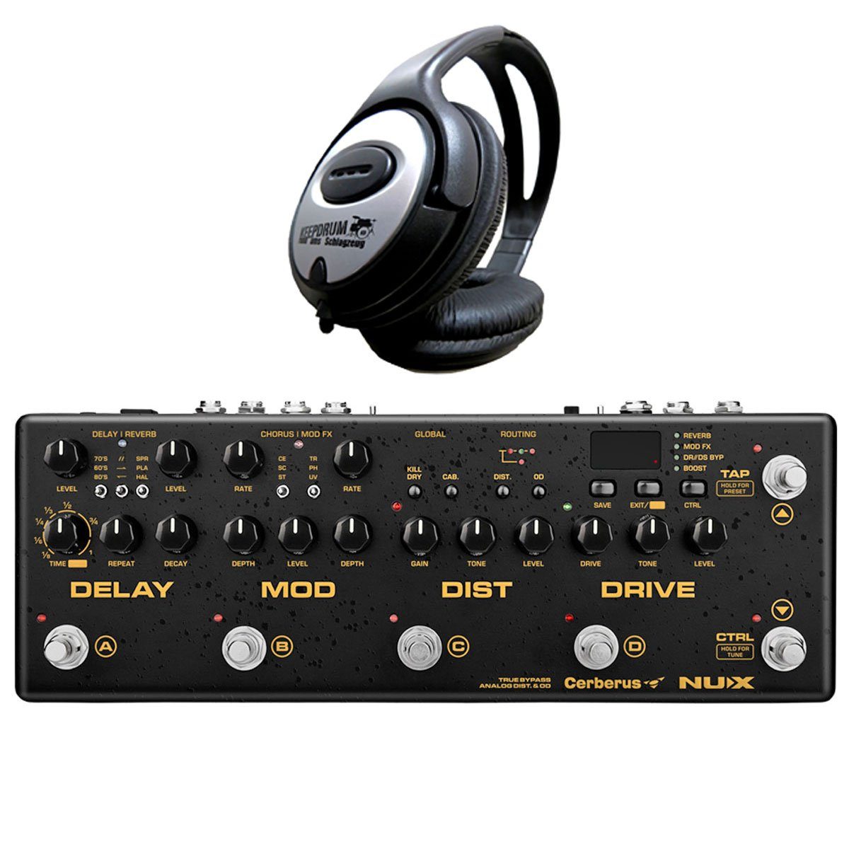 Nux E-Gitarre Cerberus Multi-Effektgerät mit Kopfhörer, Mit Kopfhörer