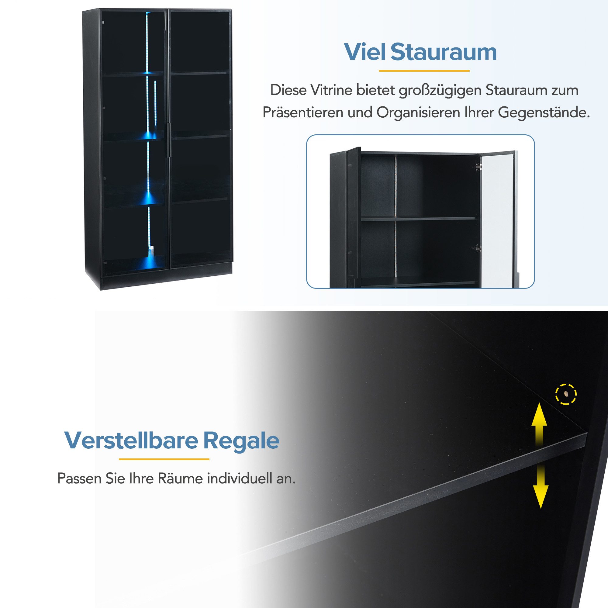 Merax Glasvitrine mit Glastüren inkl. LED (1-St) Hochschrank mit verstellbaren Einlegeböden,Bücherschrank,Standvitrine