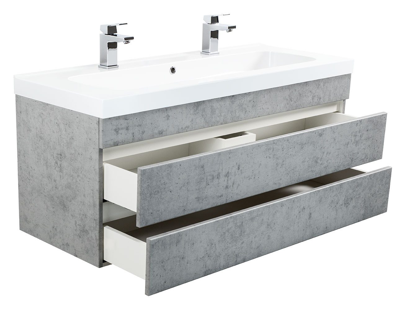 Magnolia Home Doppelwaschtisch Badmöbel Talis 120 Doppelbadmöbel SoftClose beton mit grifflosen Schub