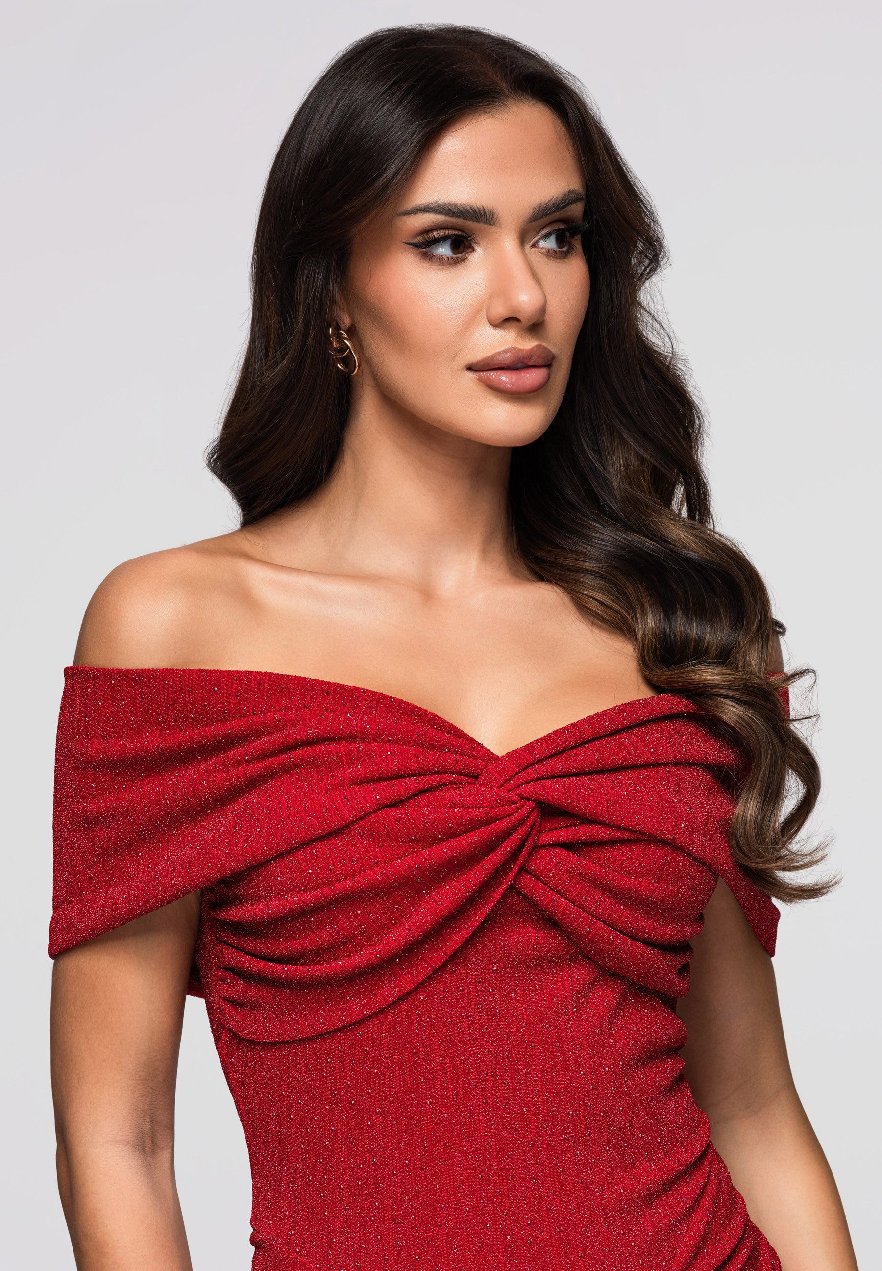 OMBRE Abendkleid Schulterfreies Maxikleid mit Glitzereffekt und Raffung günstig online kaufen