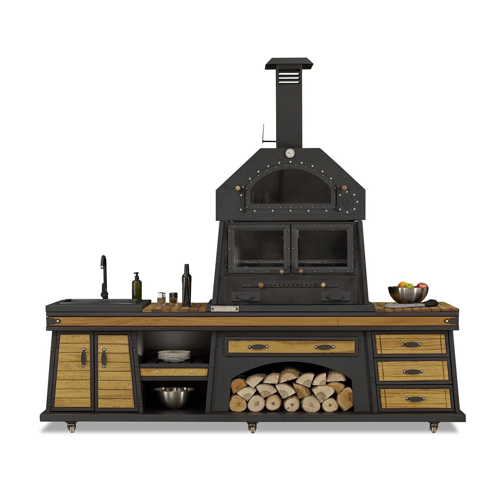 Xlmoebel Outdoor-Küche XLMOEBEL Außenküche Schwarz Holz Edelstahl modern und funktional, Made in Europa