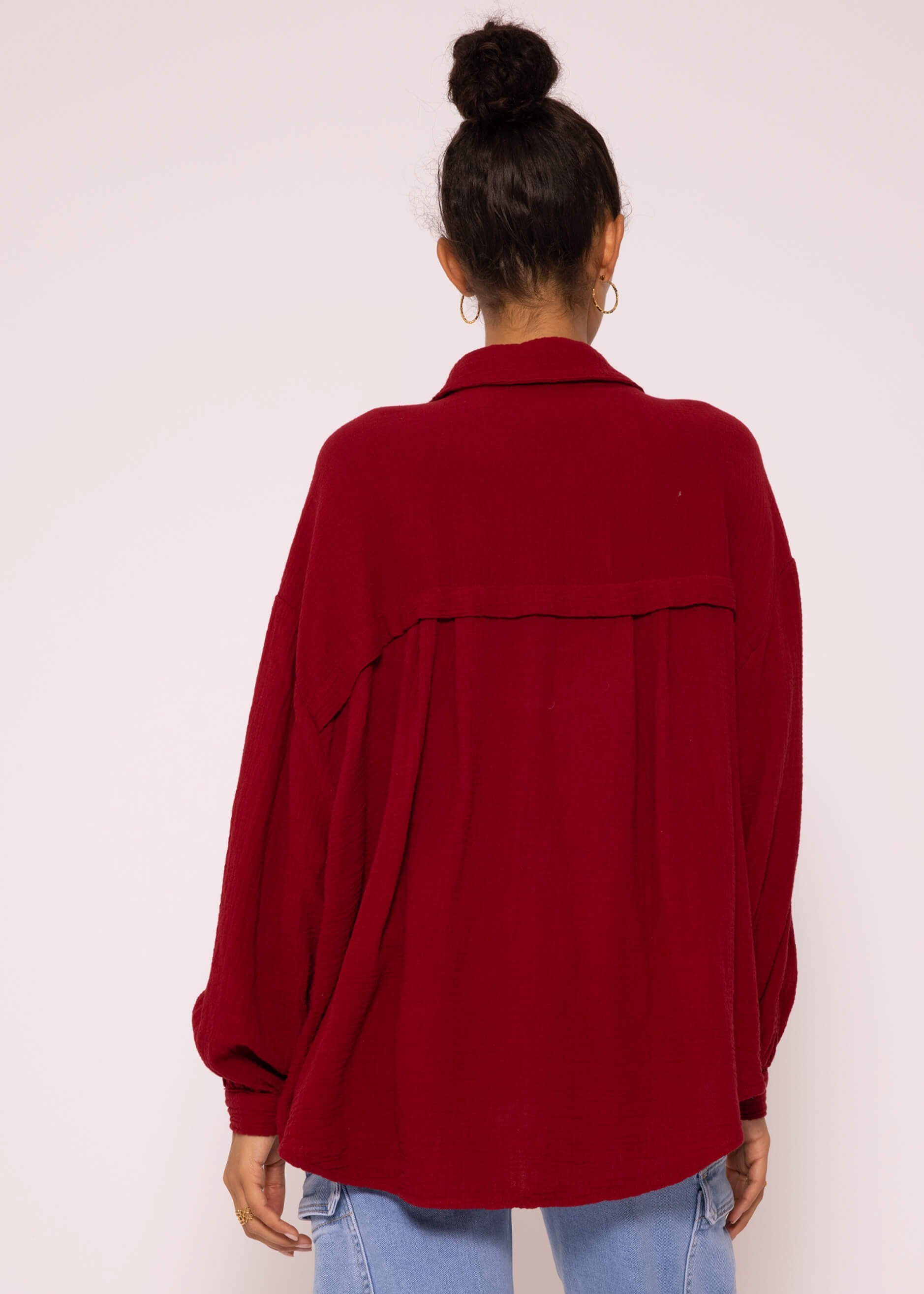 SASSYCLASSY Longbluse Oversize V-Ausschnitt, Langarm Baumwolle One Musselin Size Damen Hemdbluse (Gr. aus Bluse lang mit 36-48) Dunkelrot